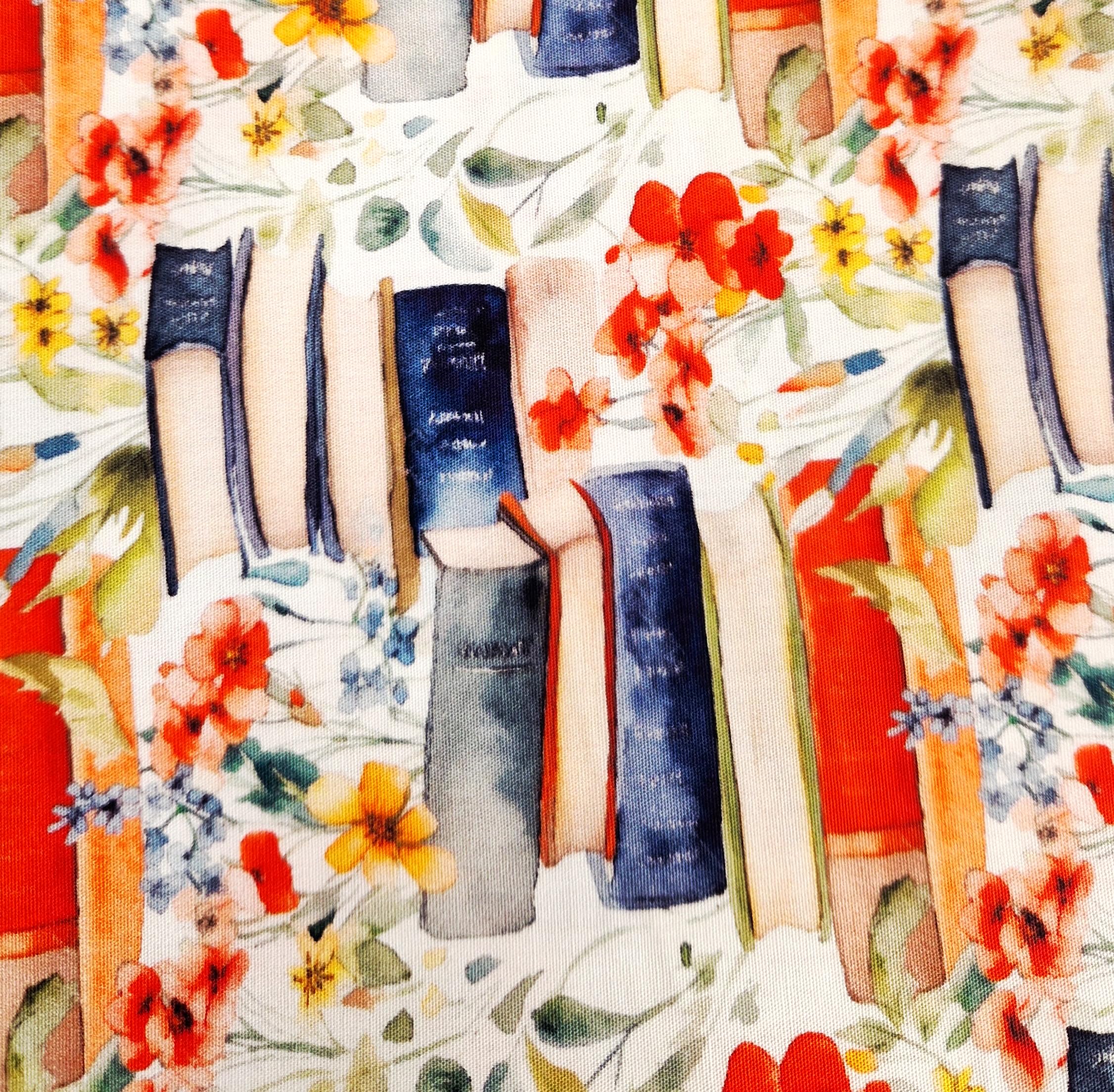 Cotton Fabric - Colourful Floral Flowers & Reading Books On White - Craft Material Per Metre