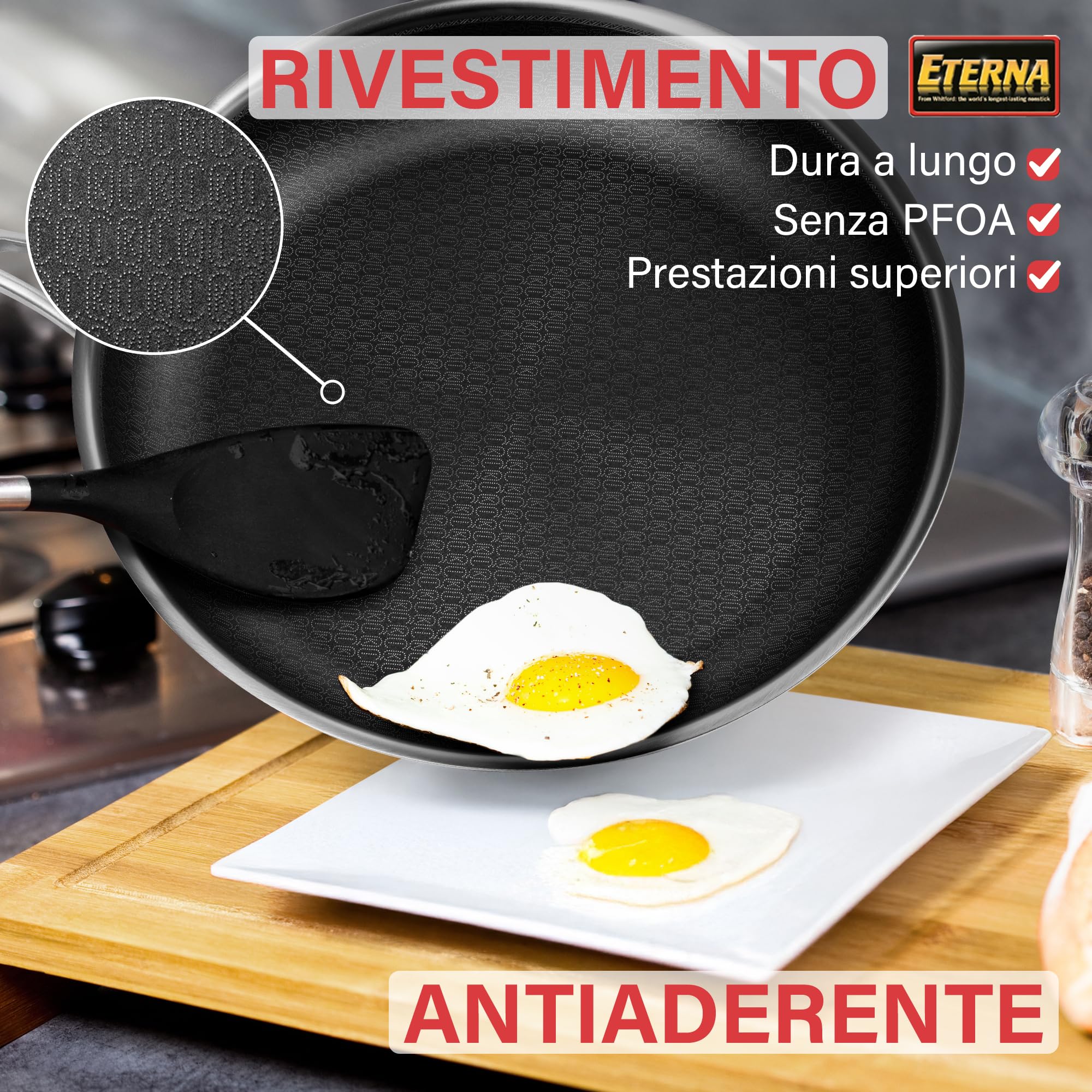 Padella Antiaderente Triplo Strato (Acciaio Inox + Alluminio) Diametro Ø 20 cm, Antigraffio, NO PFOA, Per Piano Cottura Induzione, Ceramica, Elettrico, Gas, Forno, Manico Anti Scottatura, Fry Pan