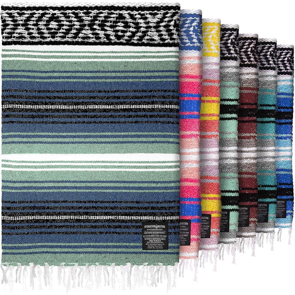 Hydration Nation Authentic Large Handwoven Mexican Blanket - Soft Yoga- Durable Serape- Lightweight Falsa, Beach, Camping, Picnic, Outdoor Blanket 70x50 - Arctic