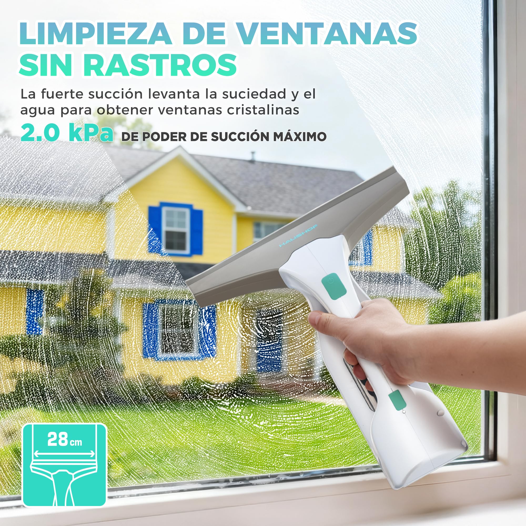 HAUSHOF Limpiadora de Cristales con Potente Succión, Aspirador de Ventanas Eléctrico 30 Min de Autonomía, 280 mm de Limpieza con Boquilla Ajustable, Enchufe USB-C, para Ventanas, Azulejos y Espejos