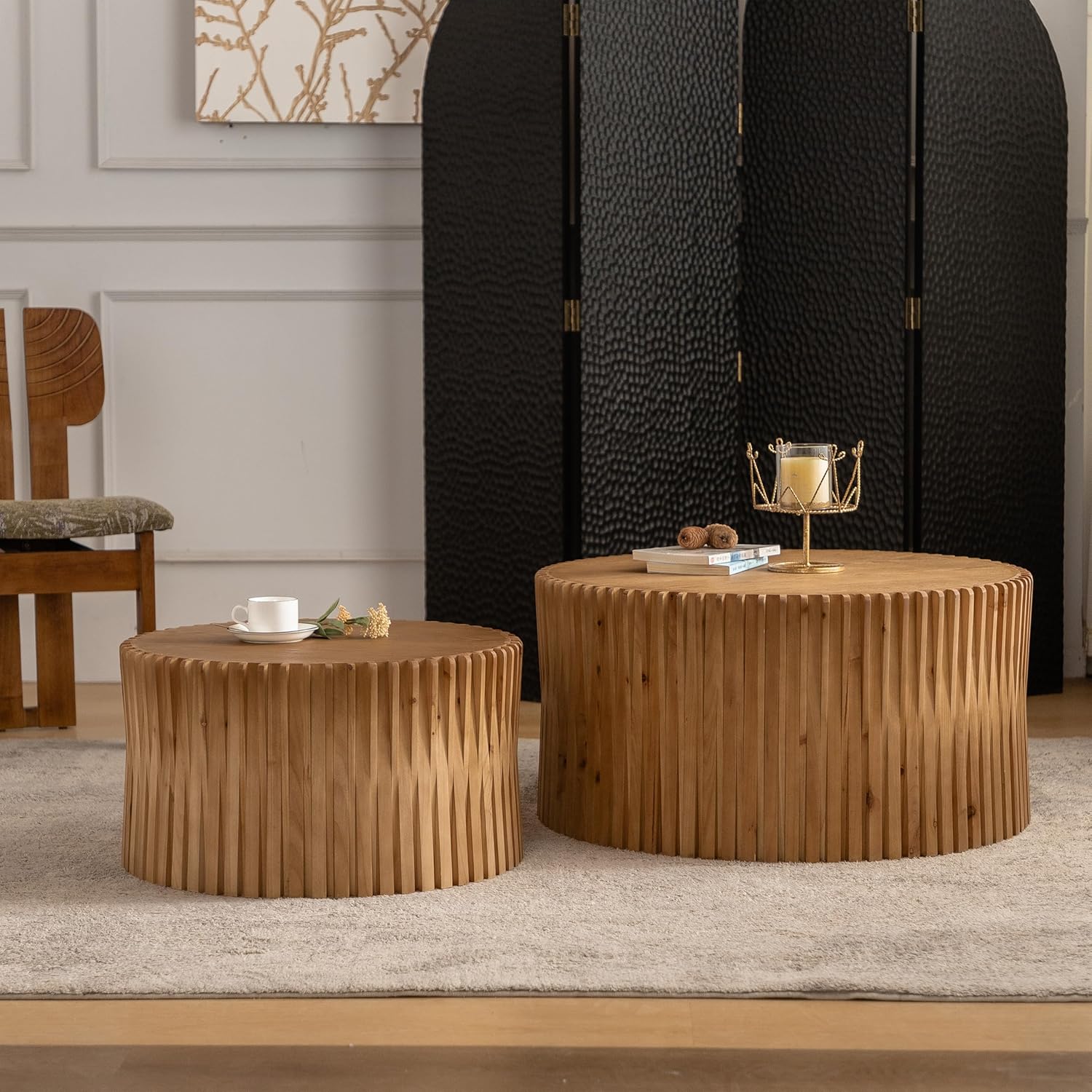 Nesting Coffee Table Set of 2, Vertical Stripe Design Wood Drum Coffee Table, End Table, Round Side Table for Living Room, Bedroom, Natural