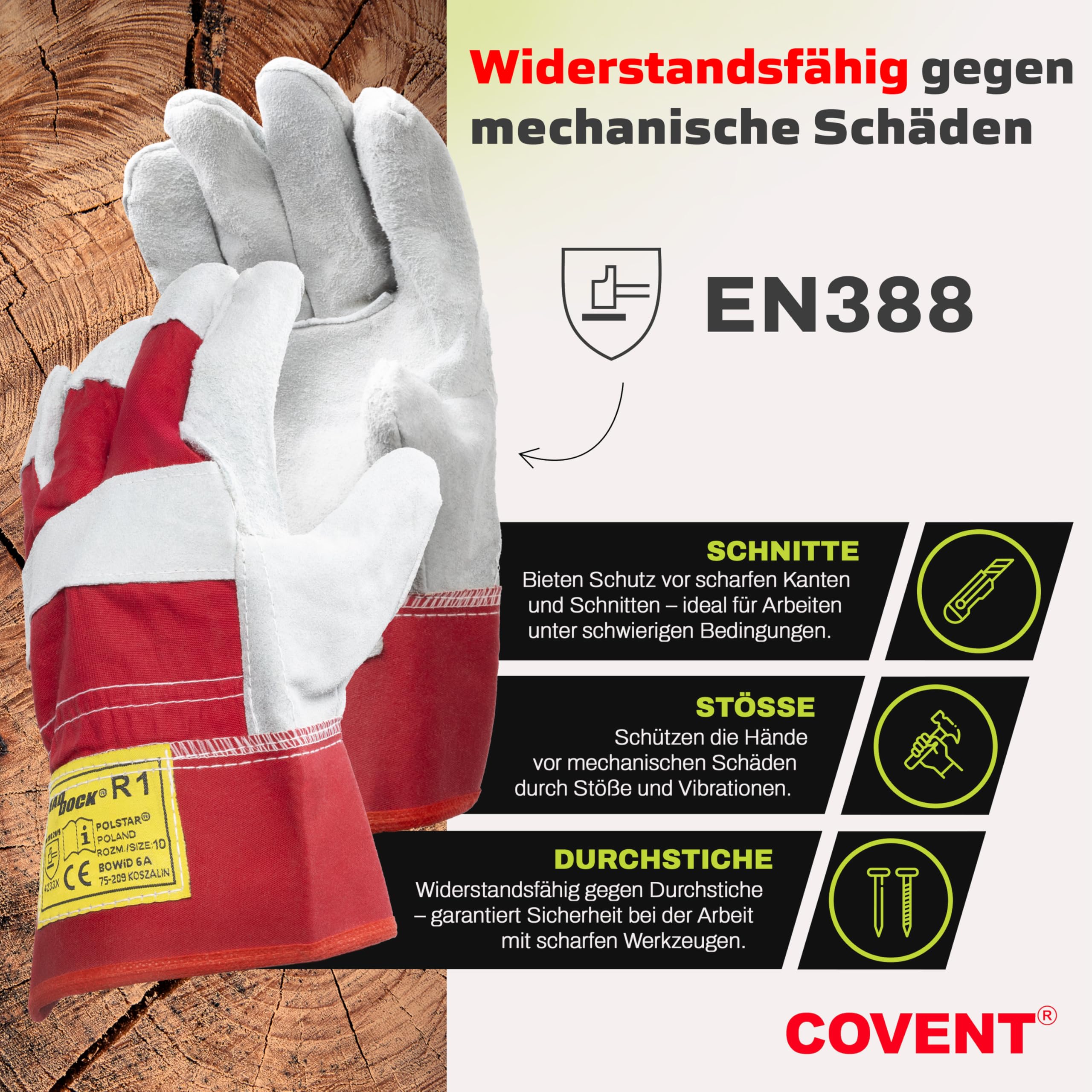 Covent Arbeitshandschuhe Herren Leder Gr 10 - Gartenhandschuhe dornenfest EN388 4233X – Schutzhandschuhe mit einer starren Manschette - mit Leder verstärkt