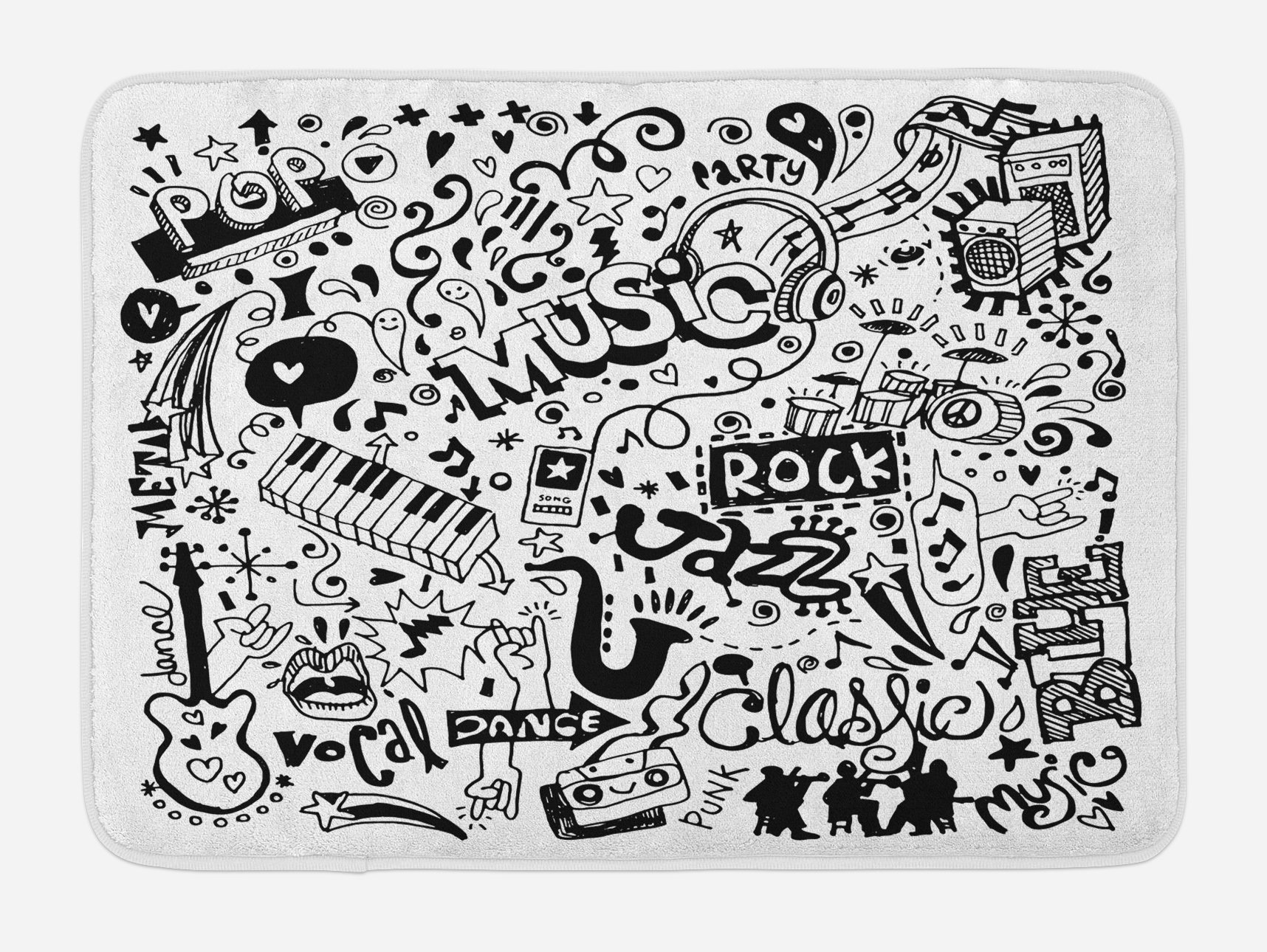 Ambesonne Hipster Bath Mat, Music Themed Motif with Abstract Drawing Rock Jazz Blues Genre Classic Dancing, Plush Bathroom Decor Mat with Non Slip Backing, 29.5" X 17.5", White Black