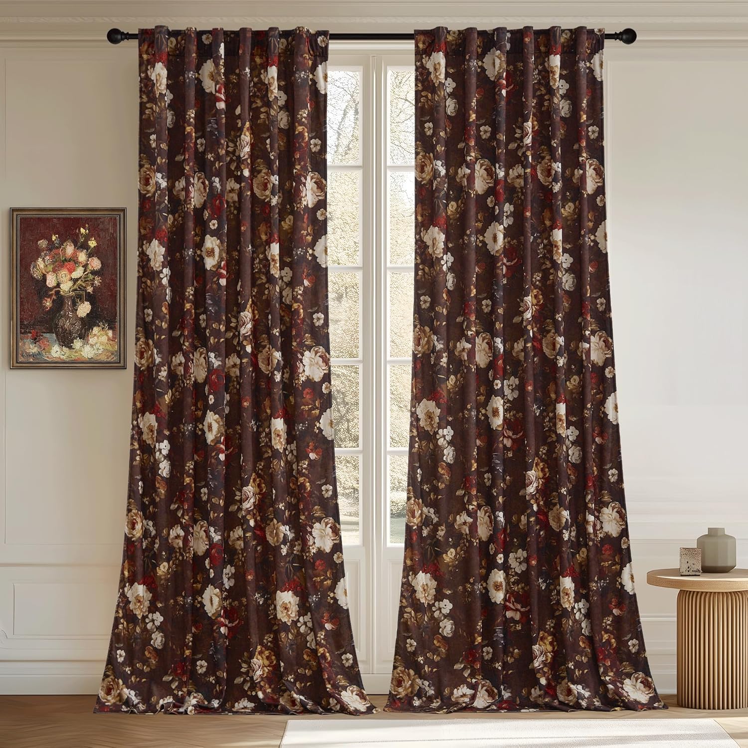 StangH Brown Boho Floral Curtains for Sliding Door, Vintage Mid Century Velvet Living Room Curtains Luxury Decorative Flower Patterned Drapes for Room Divider Office, W52 x L84, 2 Panels