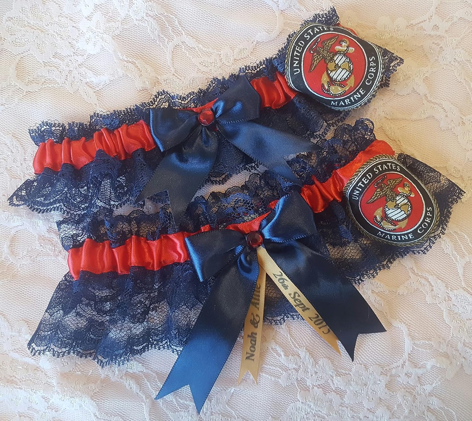 Handcrafted Red & Navy Blue Wedding 2pc Garter Set Made Using Marines Fabric