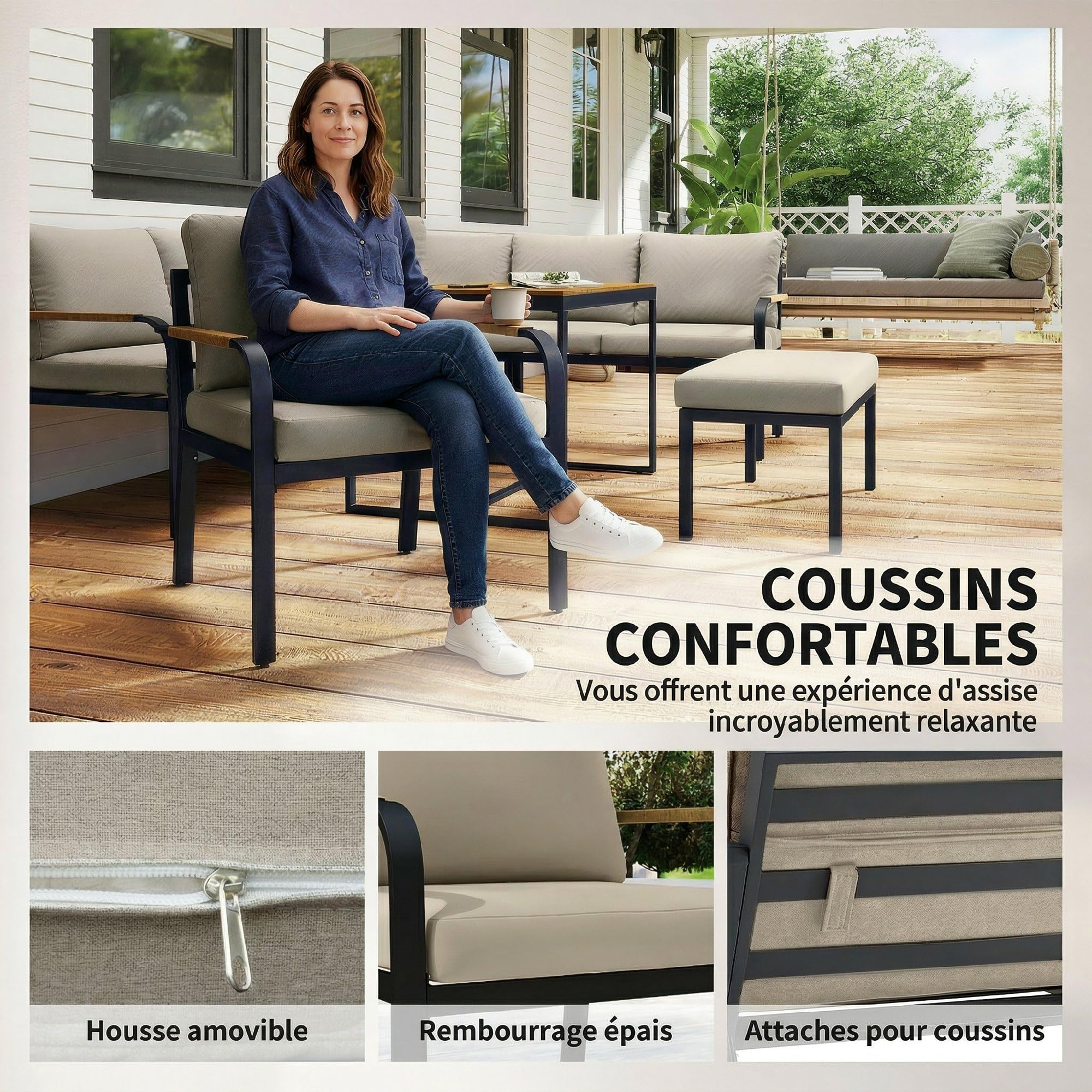 Outsunny Salon de Jardin 7 Pièces Ensemble Canapé d'angle Extérieur Modulable avec Pouf et Table en WPC Mobilier de Terrasse Accoudoirs en Résine Tressée et Coussins Épais Beige et Gris