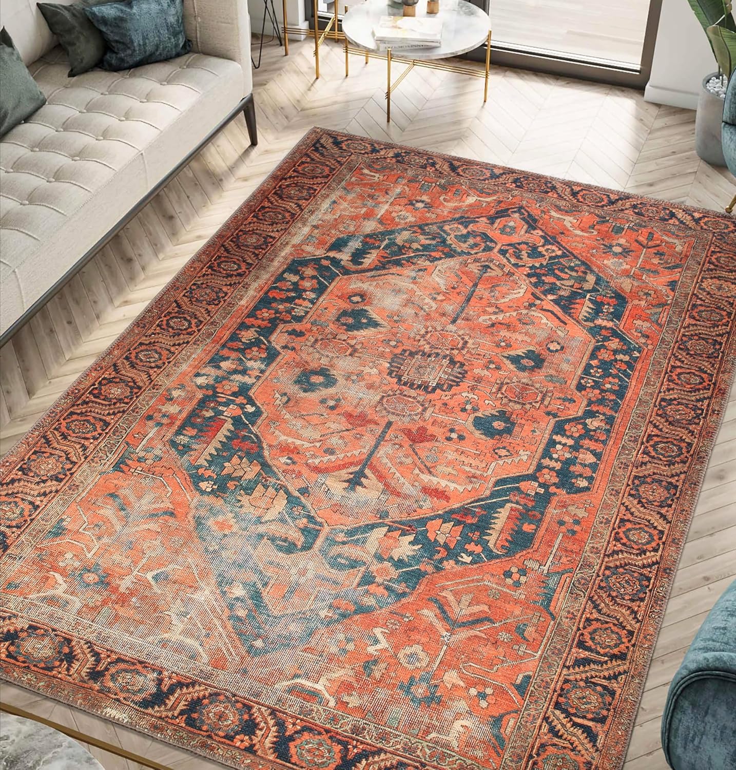 Teppich Wohnzimmer Große 150x180cm Teppich Kurzflor rutschfest Weich Waschbar für Schlafzimmer Küche Büro Vintage Traditional Red