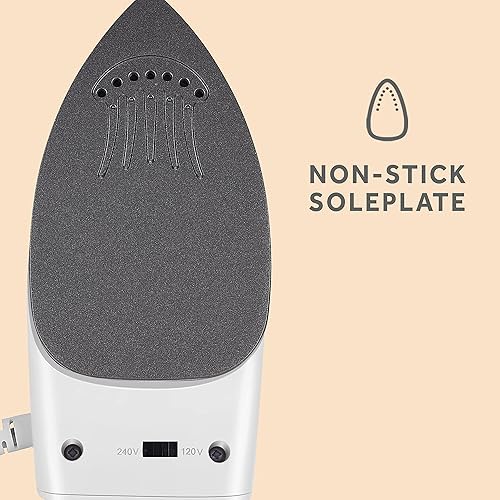Vista 15 de Sunbeam Plancha de vapor de viaje, 1080 vatios, doble voltaje 120/240, tamaño compacto, portátil, suela antiadherente, mango suave al tacto, uso