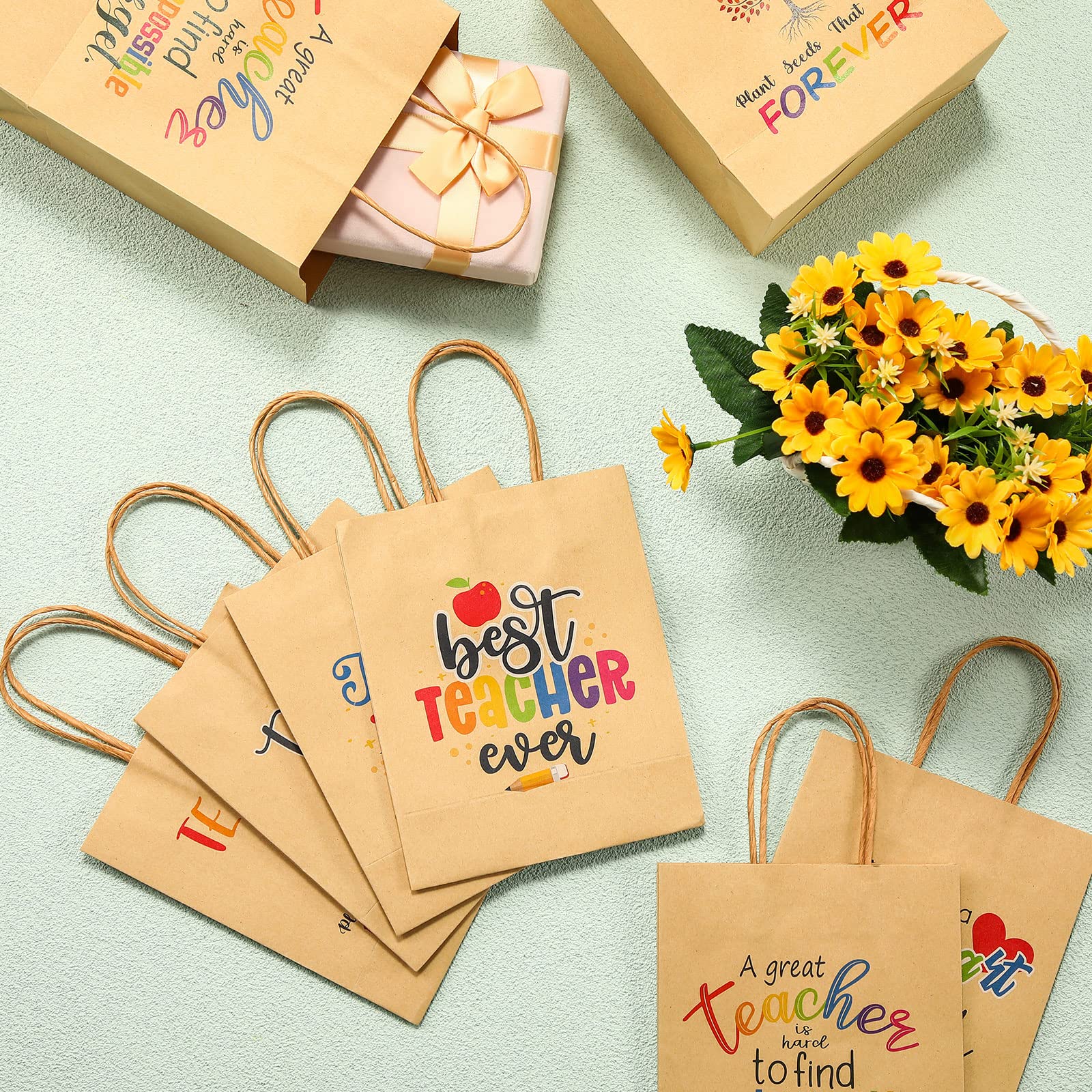 PerKoop 36 Pcs Teacher Appreciation Gift Paper Bag with Handles, Thank You Teacher Treat Present Bags for Teacher Appreciation Week, Birthday, Christmas Supplies(Kraft)
