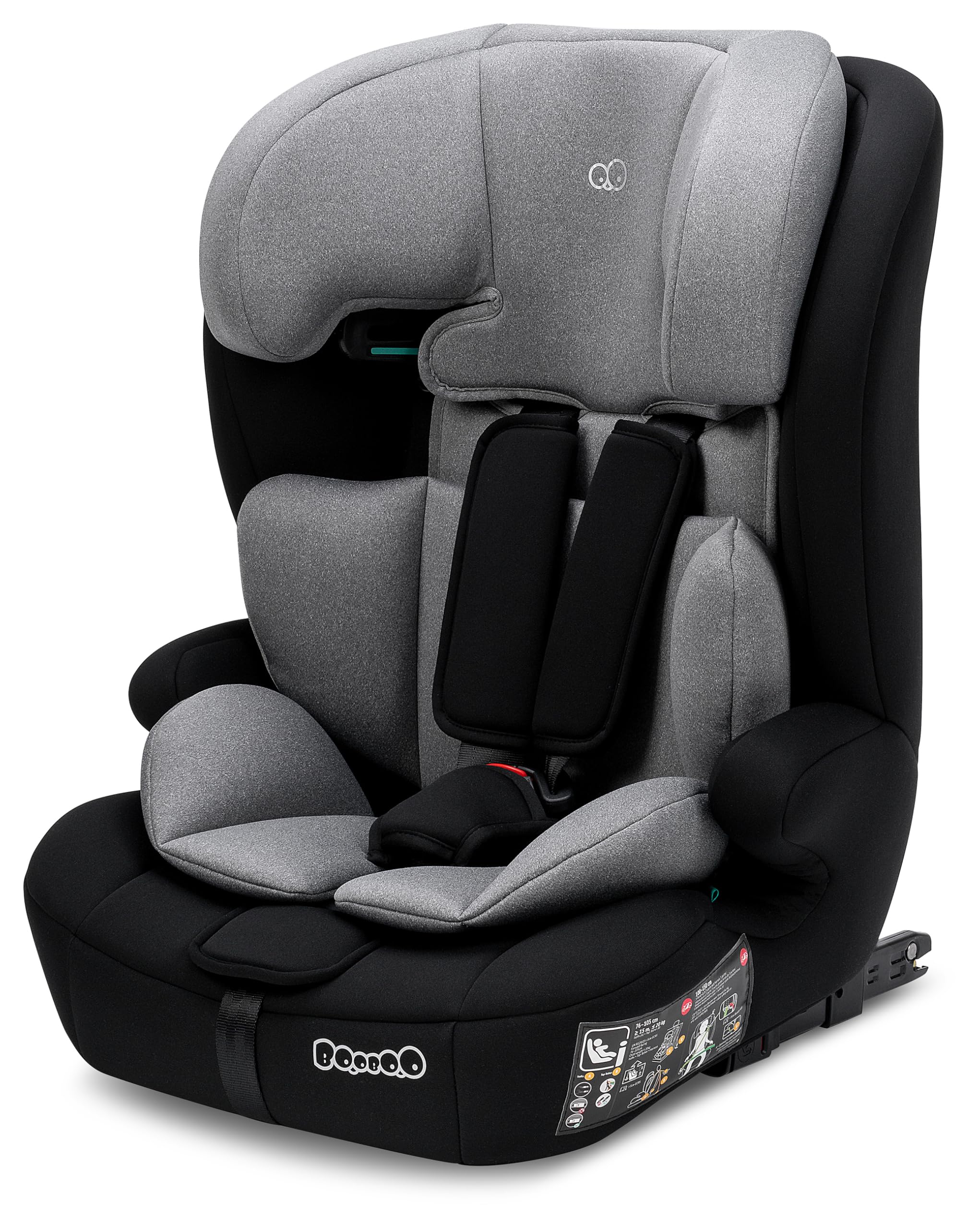 Booboo Safety Monaco Kindersitz mit Isofix ab 1 Jahr, 76–150 cm, mitwachsend und sicher, ergonomische Sitzfläche mit Memory-Schaum, hoher Komfort bei jeder Fahrt - Black-Grey