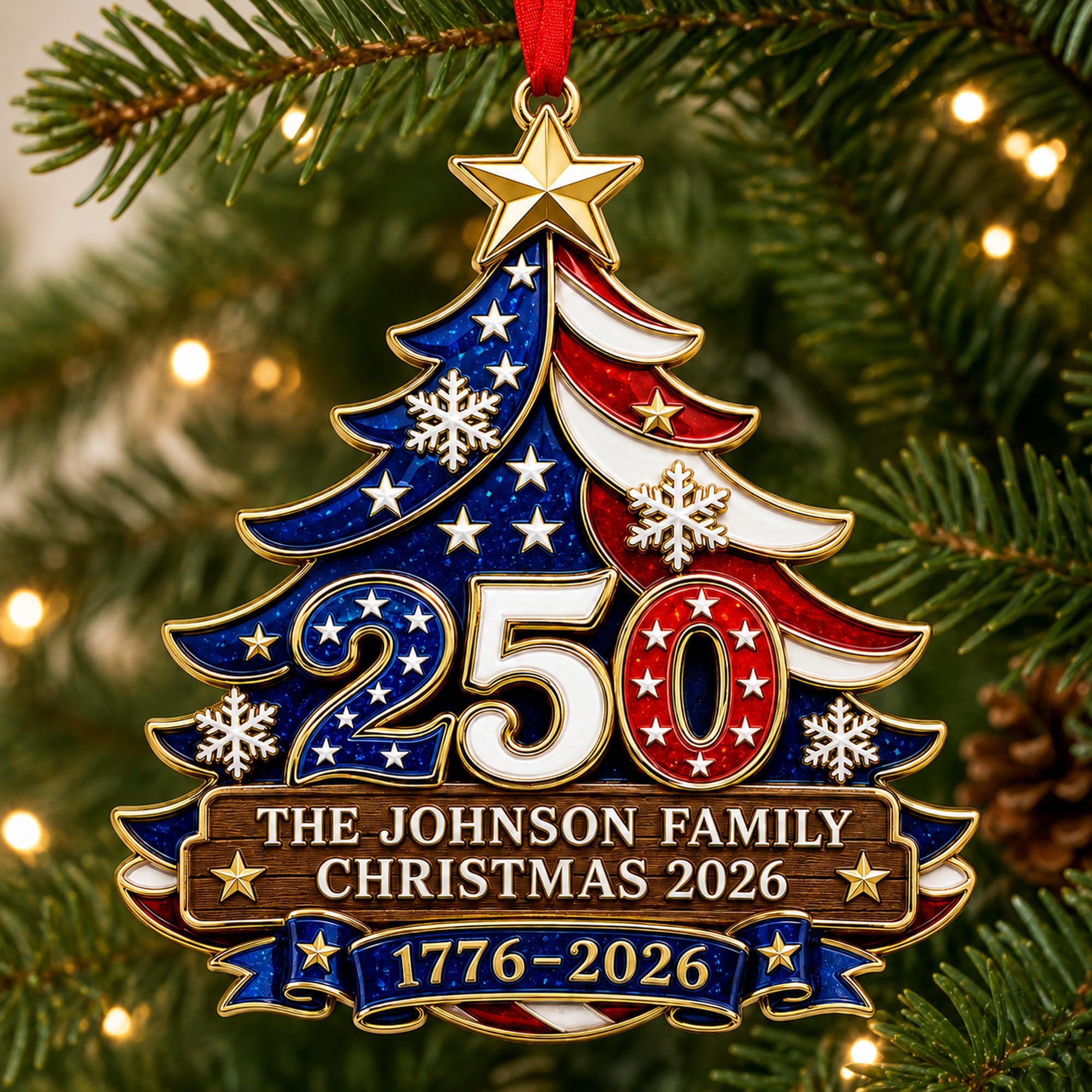[Made in USA] Fastpeace Personalized 250th Anniversary USA Christmas Ornaments - Custom Family Text 250 Years American Anniversary Ornament - Acrylic Flat Tree Hanging Decor 1776-2026
