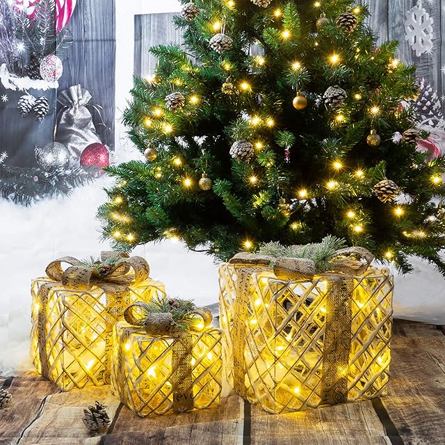 SA Products LED Luxury Christmas Box with Gold Bows - Home, Conservatory, Indoor Lights with Warm White Lights - Novelty Iron & Hemp Rope Present Decor - Battery Operated
