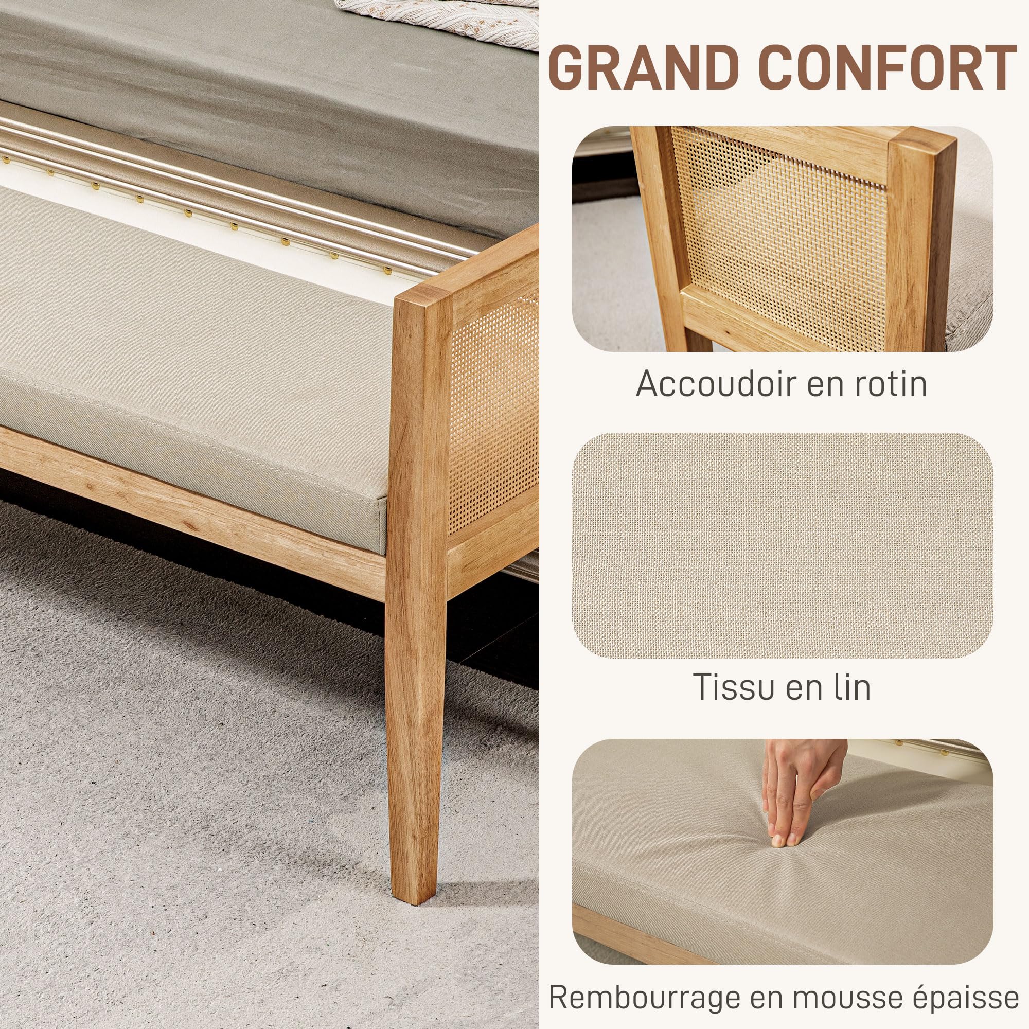 HOMCOM Banc Bout de lit, Banc d'entrée, accoudoirs en rotin et Cadre en Bois Massif, Assise rembourrée en Tissu Aspect Lin, Bout de lit pour Chambre, Salon, Design Moderne, crème