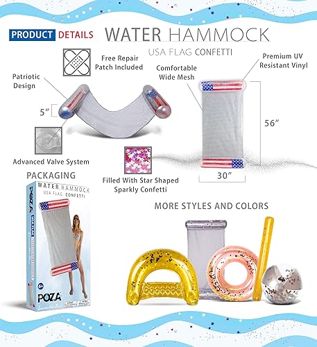 Vista 2 de POZA Flotador inflable de piscina de Estados Unidos Lujosa tumbona divertida llena de confeti de estrellas plateadas brillantes, diseño de bandera