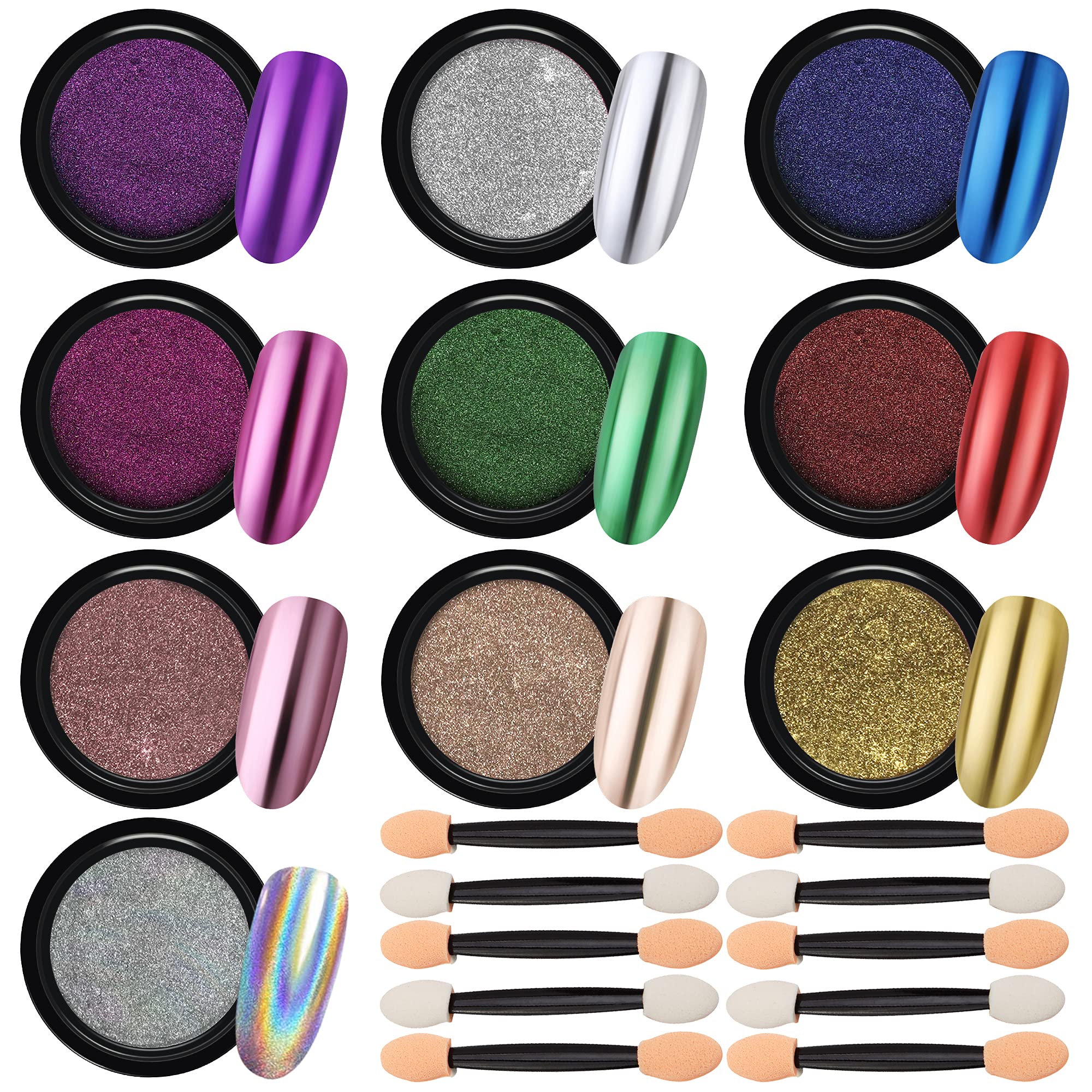 JEMESI10 Jars Metallic Nail Powder Chrome Pigment Mirror Nails Powder for Nails Nail Art with Mirror and Shining Effect, Beads Shimmer (10 Brushes)