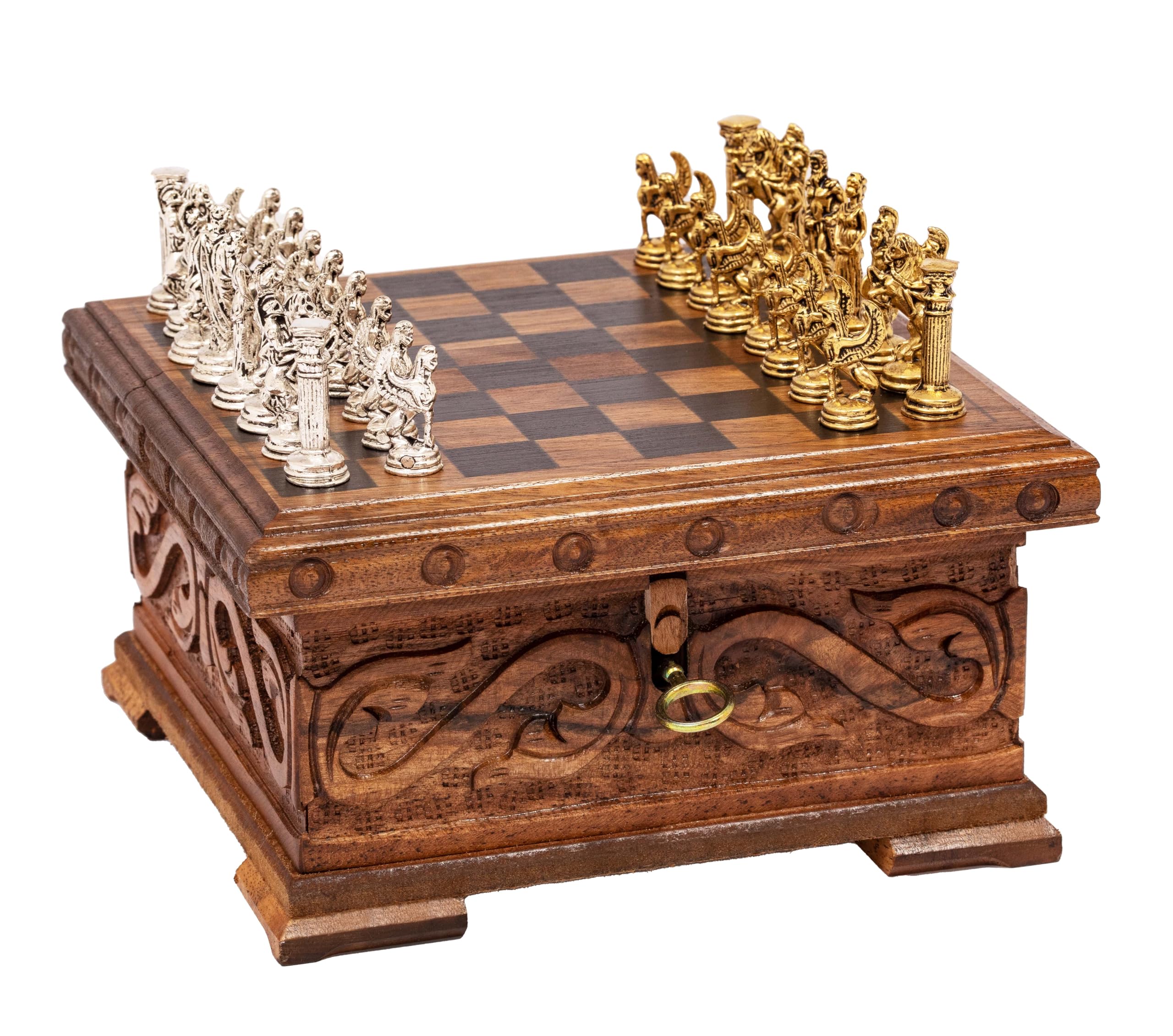 GrandGiftStore Handmade Wooden Chess Box with Hidden Key, Special Designed Wooden Chess Set, Premium Chess Set/Handcarved 20x20 Cm