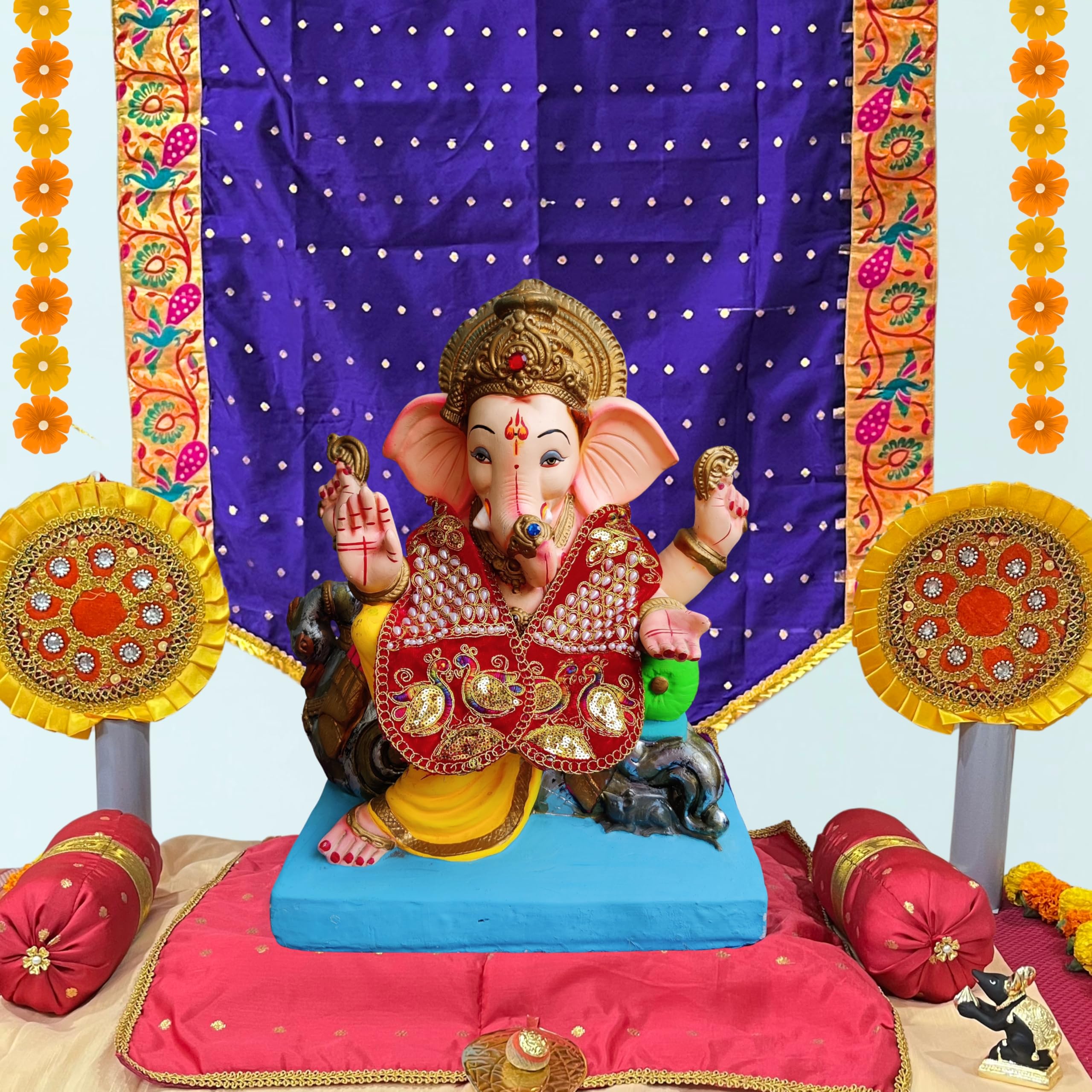 PUNYATVA Ganpati Shela with Moti Design (Red), Khes, Patka, Uparna Vastra for Gauri Ganpati, Ganesh Chaturthi, Varalakshmi Vratam, Navratri, Durga Puja, Decoration Accessories for Idols, God Dress 4