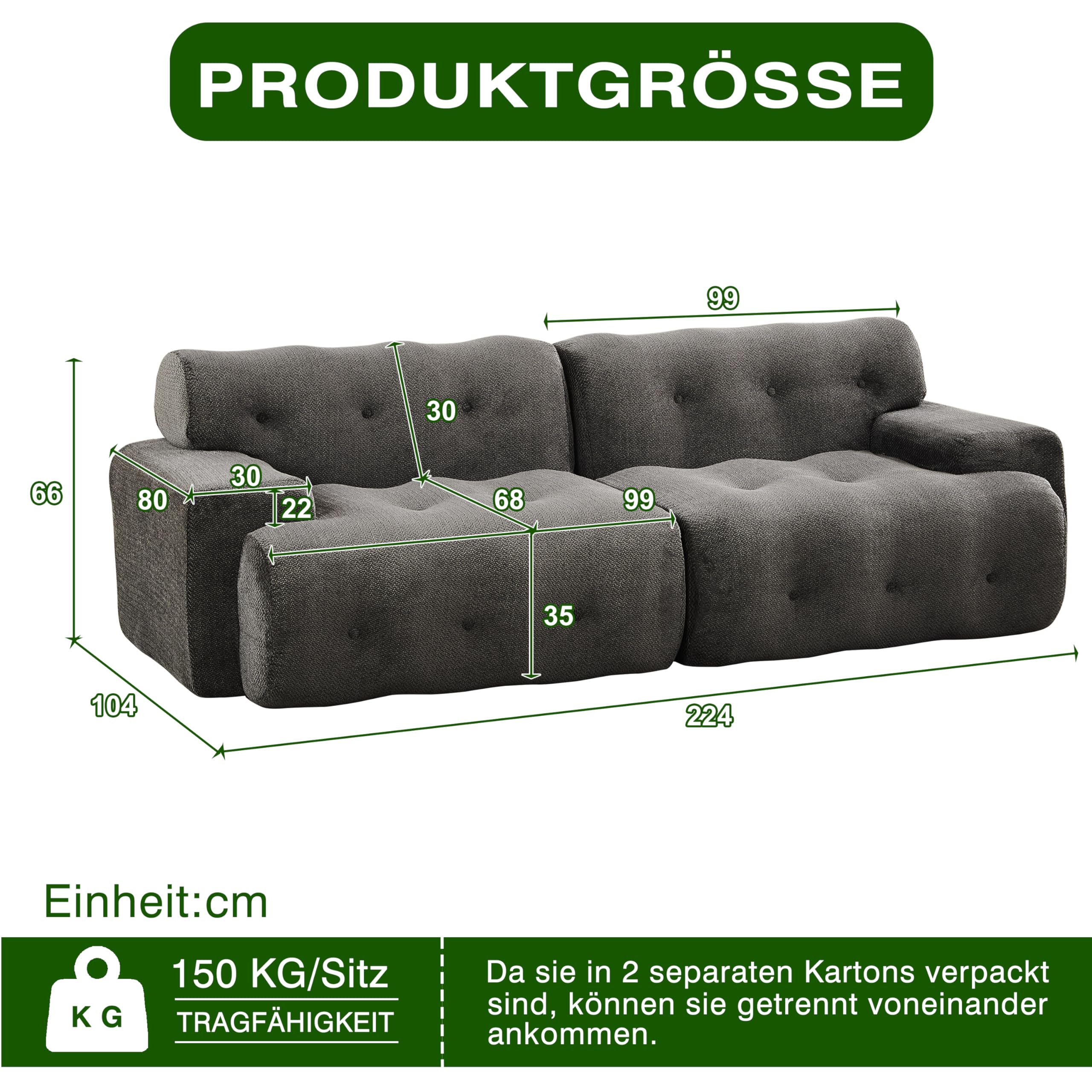 Cloud Sofa 2-osobowa, bardzo duża – modułowa sofa boneless z ornamentem na guziki, szerokie podłokietniki, szenilowe, łukowate, bez montażu, do salonu, szara
