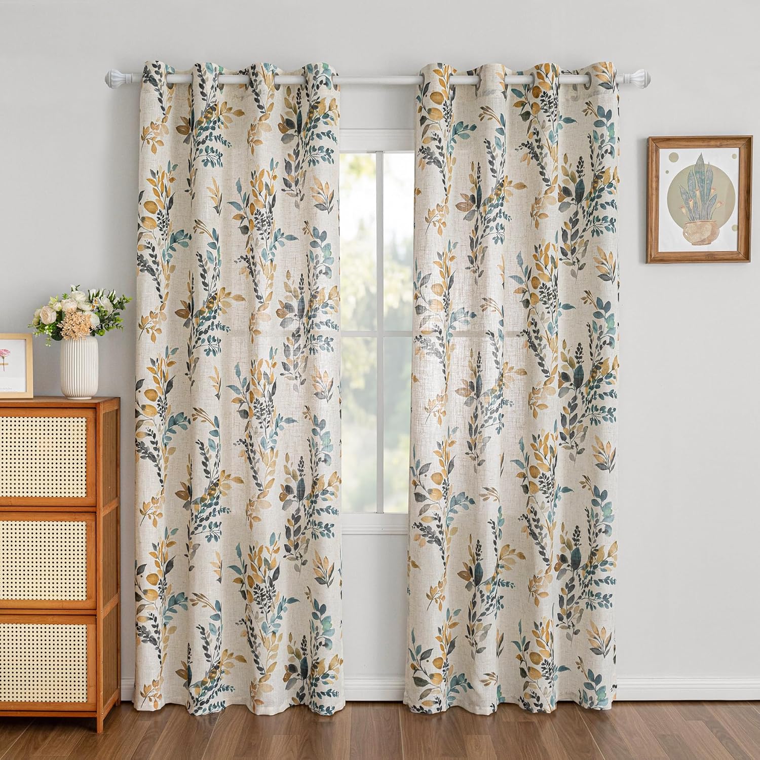 mysky home curtains for living room semi sheer 84 inch length light filtering privacy protect drapes set linen blended texture soft touch leaves pattern treatment, 52" wide, yellow and blue, 2 panels 52"w x 84"l (pack of 2) b-yellow & blue