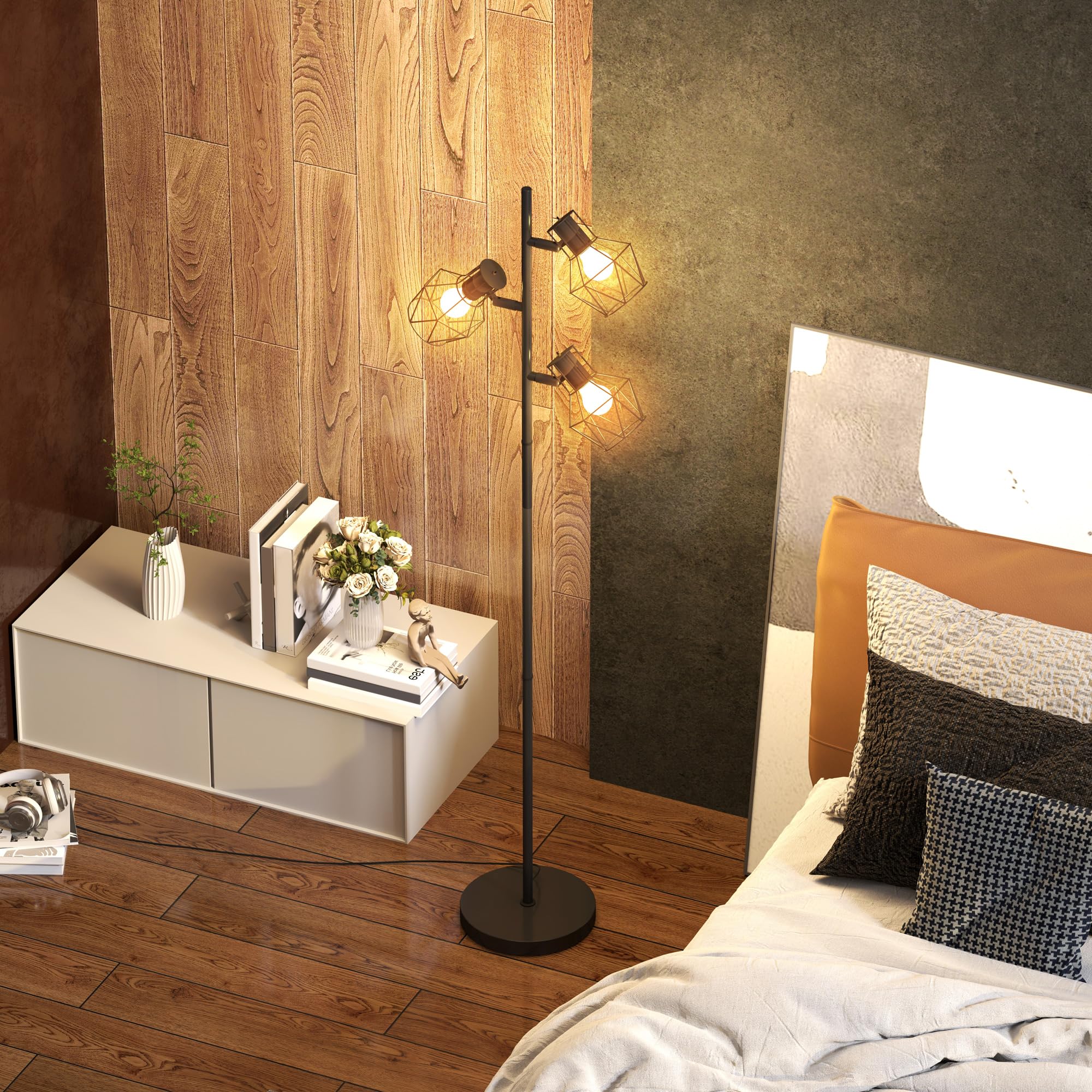 HOMCOM Lampadaire sur Pied Salon 3 Lumières E27 pour Salon Chambre Noir | Lampe sur Pied, Interrupteurs Individuels, Ampoules Non Incluses, Chambre à Coucher