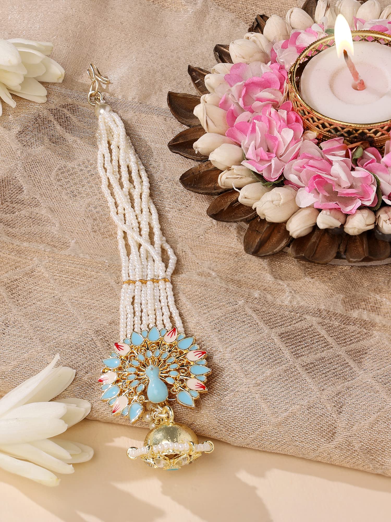 Peacock Inspired Meenakari Kundan Multistrand Pearl Borla Maangtikka