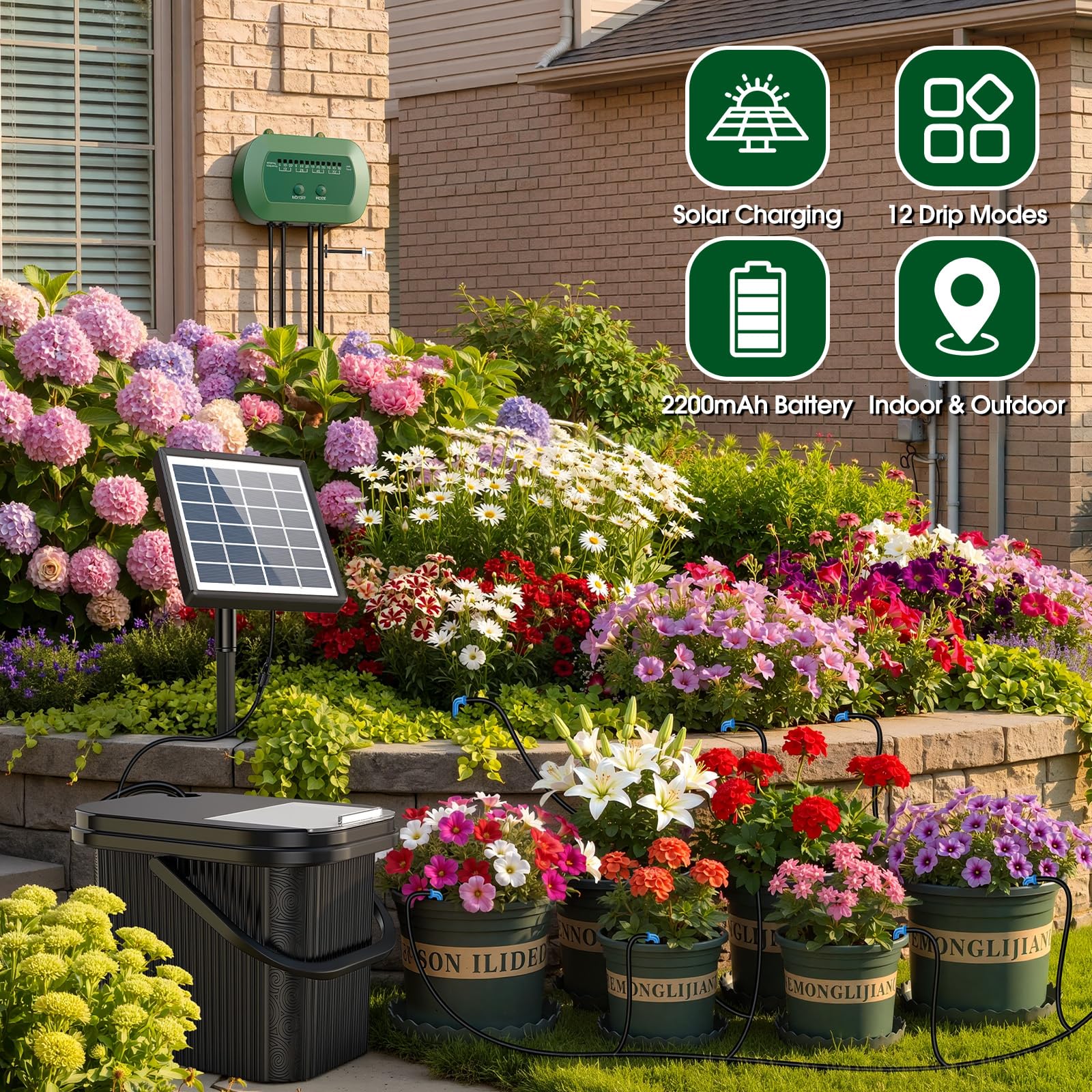 Solar Bewässerungssystem mit Wassertank für Balkon,GartenGewächshaus | Automatischer Bewässerungscomputer mit Externer Wassertank, 5 großen+5 kleinen Pflanzgefäßen für die einfache Pflanzenpflege