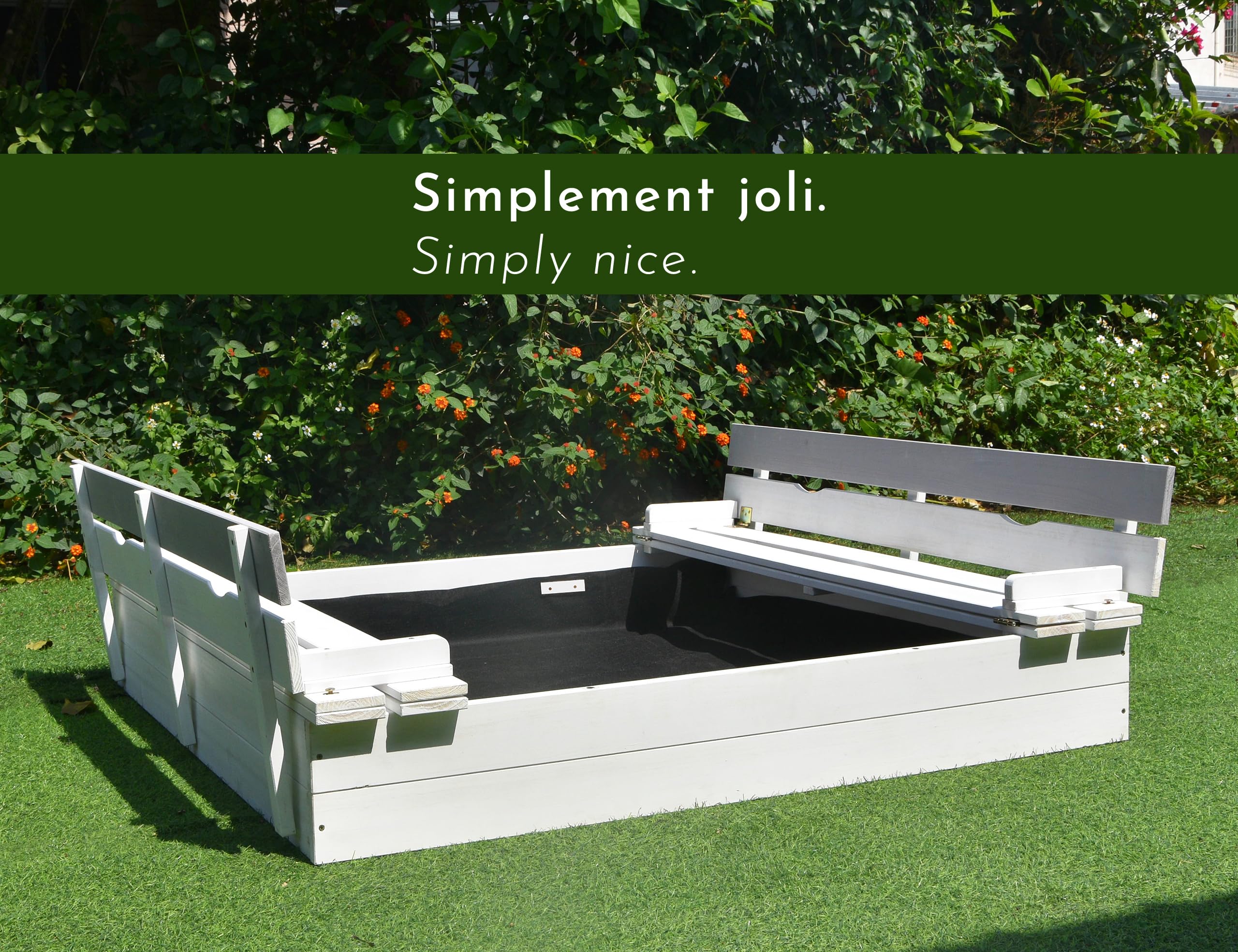 Bac à Sable en Bois avec Couvercle pour Enfants, avec bancs, siège, Sol, carré, rectangulaire extérieur, pour Jardin et Jeux, Blanc Gris