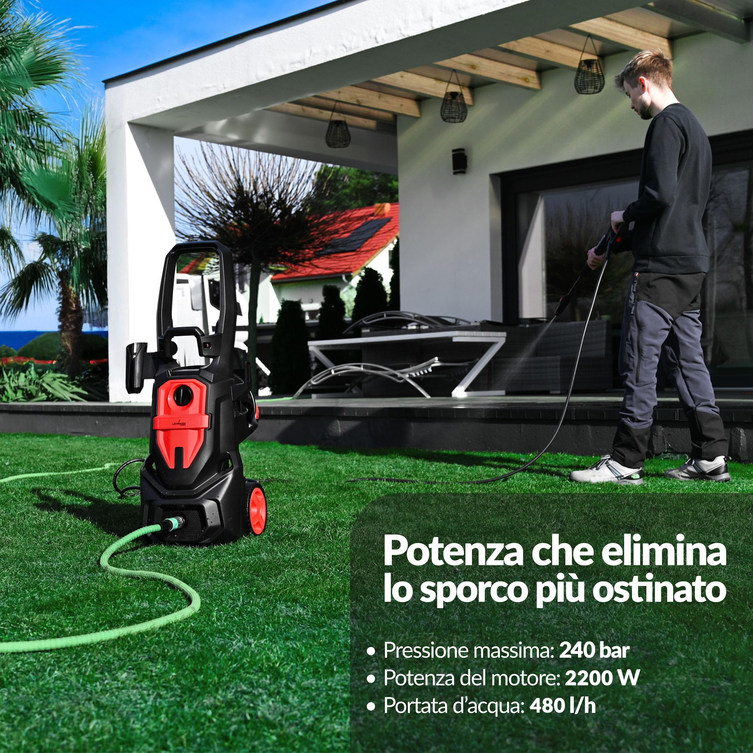 LEHMANN Denver Idropulitrice, 2200 W, max. 240 bar, Portata 480 l/h, Raggio d'azione 15 m, Pompa in alluminio, Lancia Schiuma, Ugello Regolabile et Turbo, per Auto, Esterni di Casa, Nero/Rosso