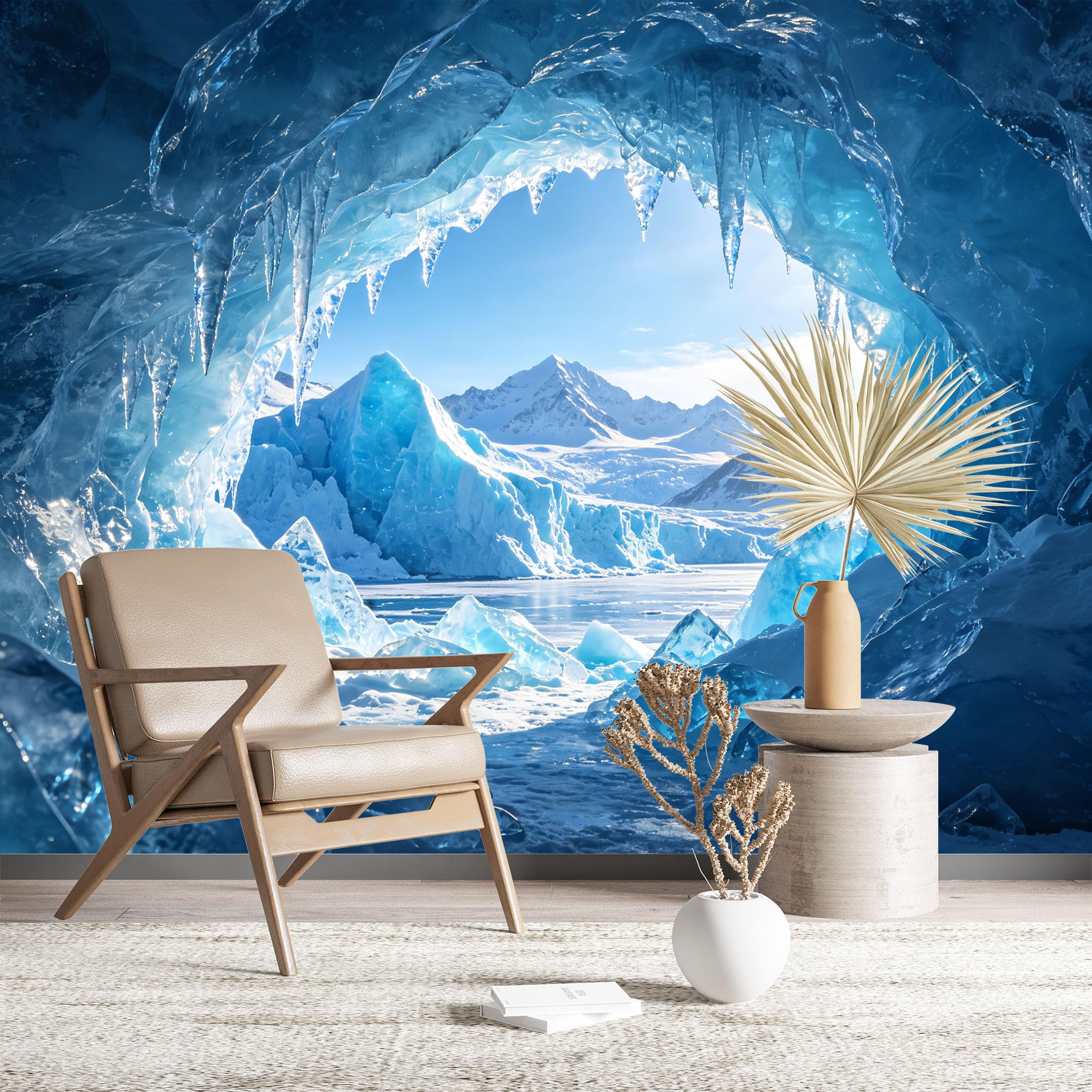 Custom Size Wall Murals Ice Cave View of Snowy Mountains HD Self-Adhesive Wall Fabric (NO PVC) Removable Wallpaper for Living Room