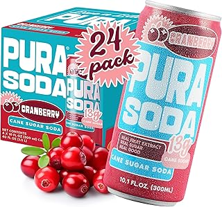 PuraSoda® Cranberry | 65 Calories & 13g Pure Cane Sugar per Can | Non-GMO, Vegan | Made with Pure Cane Sugar, Clean & Refreshing | 10 fl oz (300ml) Cans, Pack of 24