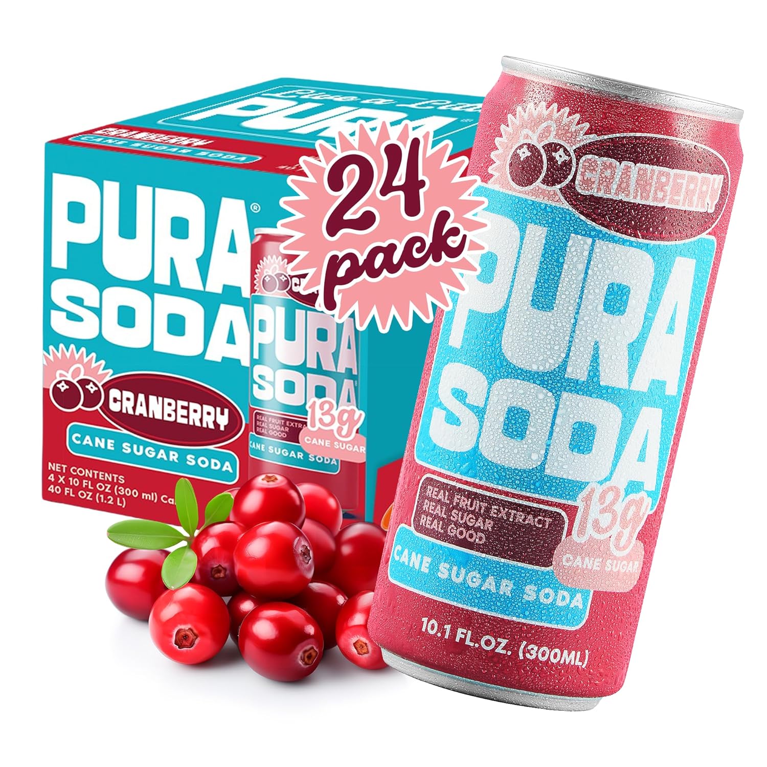 PuraSoda® Cranberry | 65 Calories & 13g Pure Cane Sugar per Can | Non-GMO, Vegan | Made with Pure Cane Sugar, Clean & Refreshing | 10 fl oz (300ml) Cans, Pack of 24