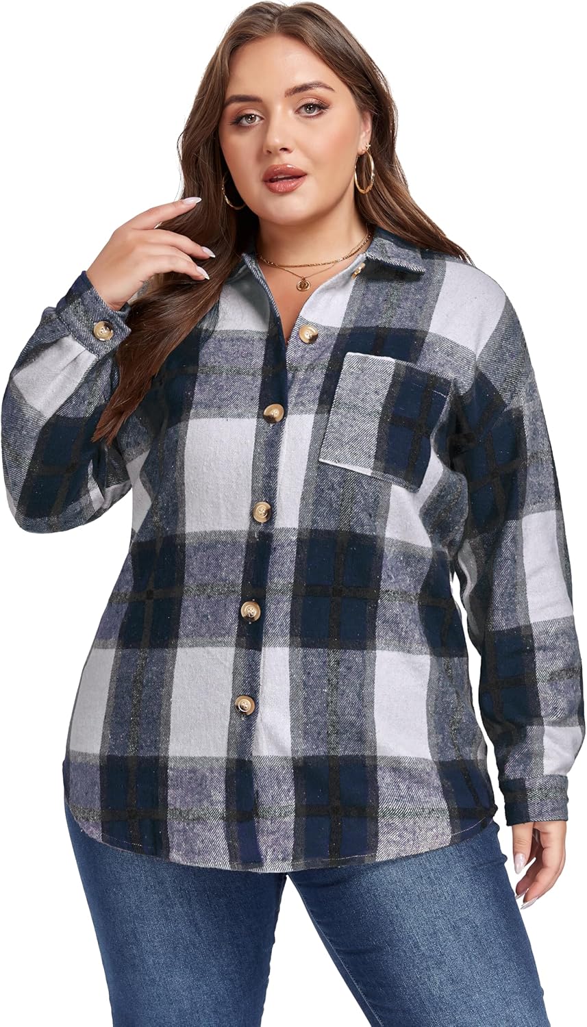 Plus Size Plaid Shacket Jacket for Women Long Sleeve Button Down Blouses Flannel Shirts Casual Coats XL-5XL - Image 2