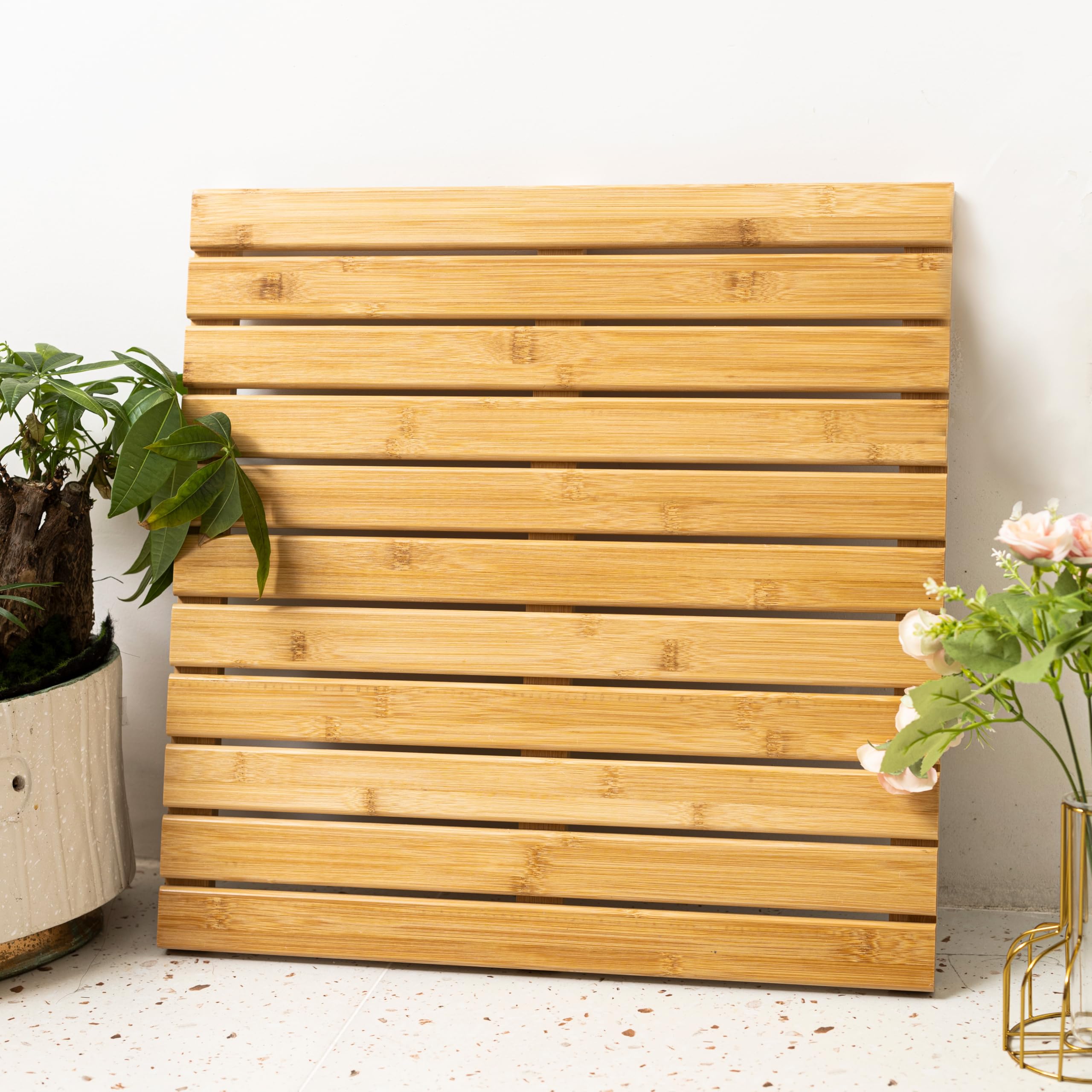 Brigros - Pedana Doccia In Bamboo Antiscivolo Per Bagno, Tappetino Doccia In Legno Naturale, Tappeto Bambu In Vari Formati, Pedana Doccia Antiscivolo In Legno, Tappetino Bagno (50x50 cm)