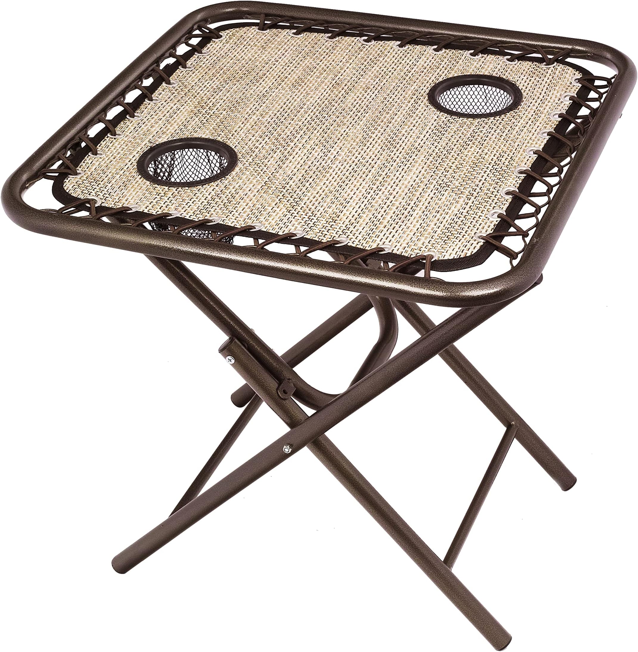 Bliss Hammocks GFC-TBL-S 20" Folding Side Table w/ 2 Built-in Cup Holders, Outdoor, Patio, Deck, Foldable, Durable, Weather Resistant, Flexible Sling Material, Steel Frame, Sand