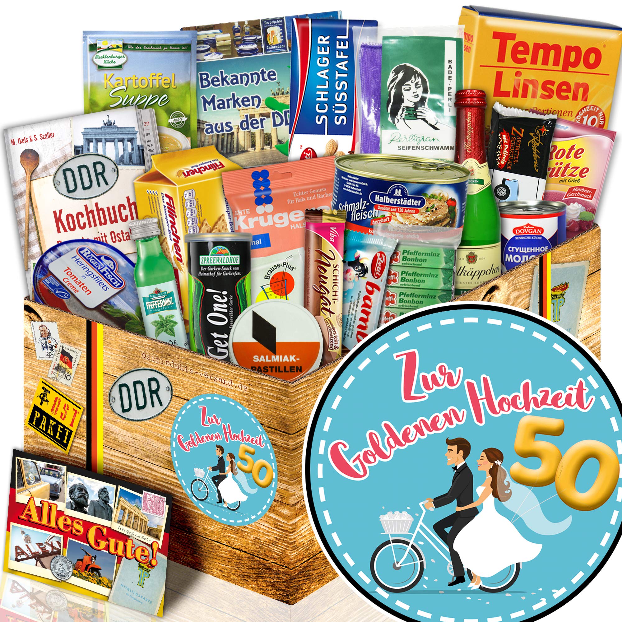 Ostalgie Geschenkset Goldene Hochzeit - 18 DDR Produkte & Kochbuch | Originelle Geschenkbox zum 50. Hochzeitstag mit Ost-Spezialitäten, Rotkäppchen Sekt, Süßwaren und Kochbuch