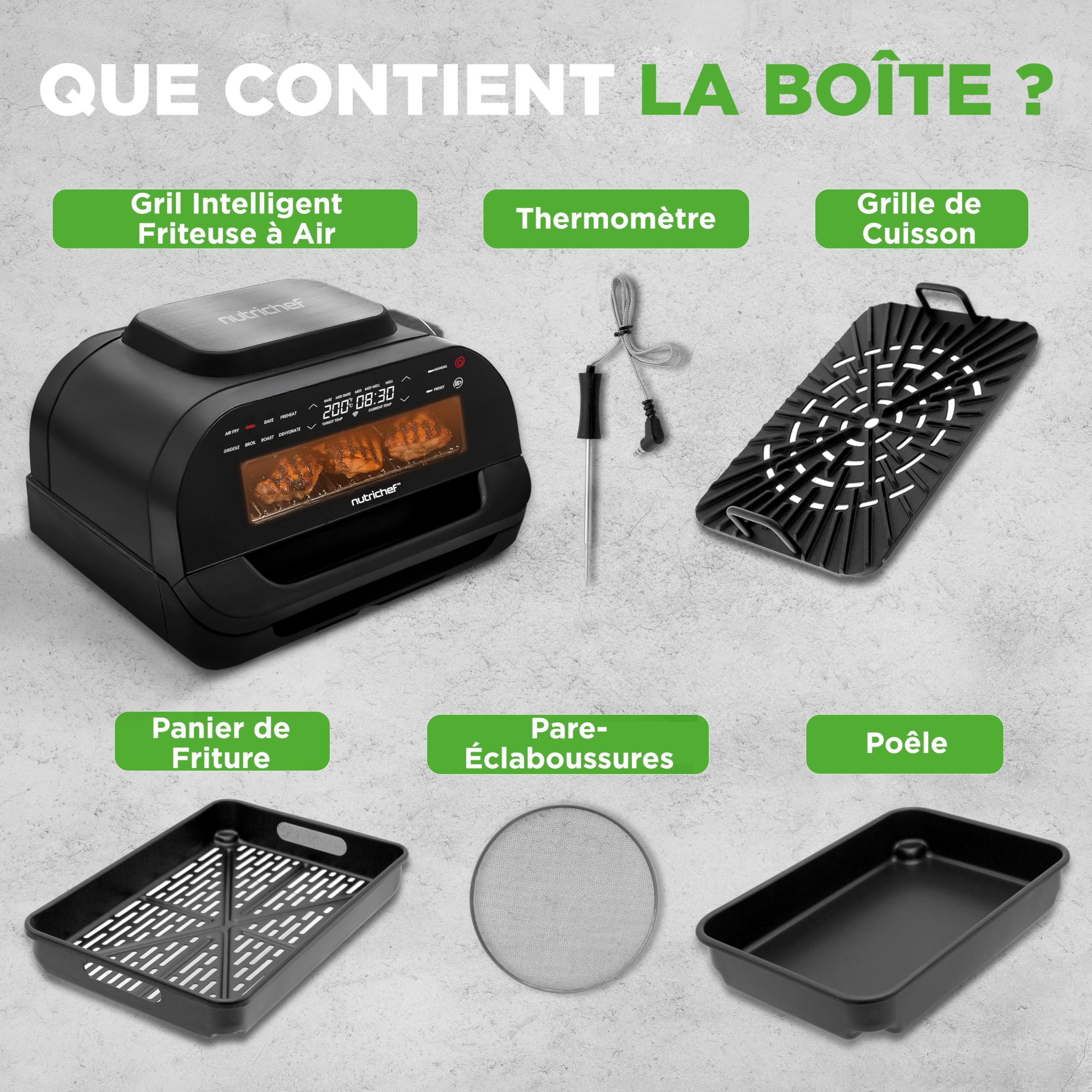 Nutrichef Gril Intérieur Sans Fumée – Friteuse à Air 6L avec Thermomètre Intelligent, 7 Fonctions de Cuisson, Contrôle Précis de la Température, Cuisson Saine et Polyvalente