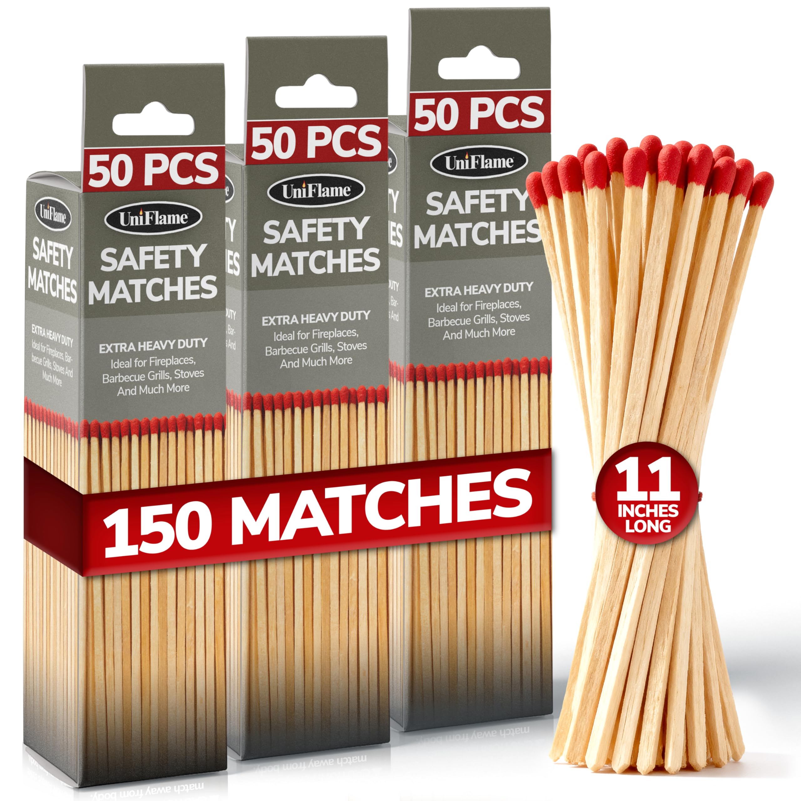 11" Extra Long Safety Matches, Heavy Duty Safety Long Wooden Matches for Indoor & Outdoor Grill, 11" Lengthy Match for Lighting Fireplace, Candles, Firepits, BBQ Grill & Camping - Pack of 3(150 Match)