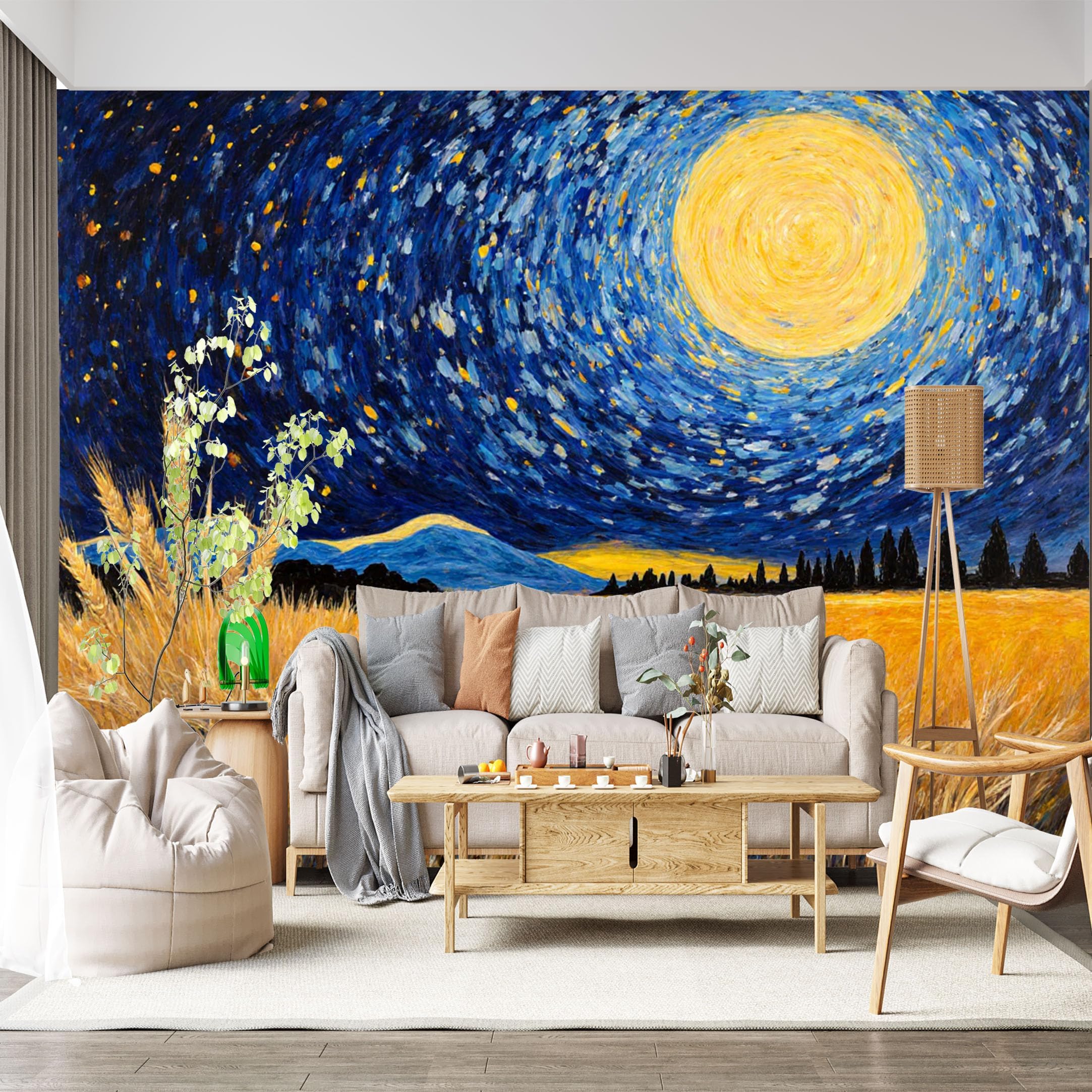 Personalized Customization Wall Mural SelfAdhesive Removable Fabric Golden Wheat Field Starry Night Sky Impressionist Painting Large Wall Sticker Decor for Living Room