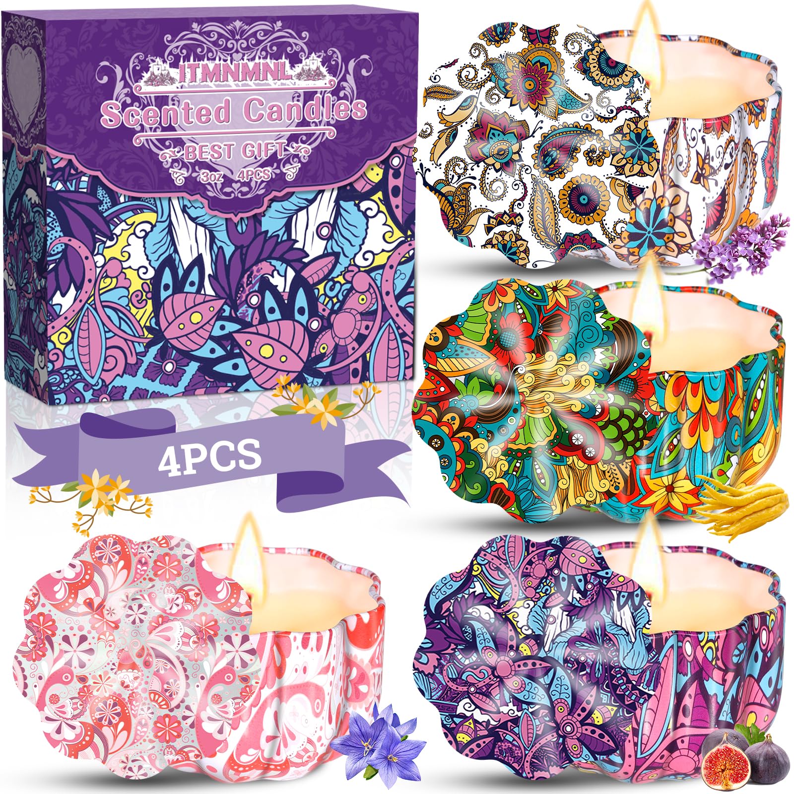 ITMNMNL Velas Aromáticas 4 Piezas Velas Perfumadas,Velas Aromaticas para Regalo,Vela Aromatica,Velas Decorativas,Vela Aromática,Velas Soja de Aromaterapia para Navidad,Fiestas,Yoga,Navideños,Madre