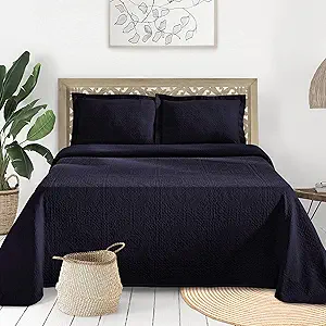 Superior Cotton Fleur De Lis Bedspread Set, Warm Blankets, All-Season Bedding, Bedroom Decor, Decorative Boho Medallion Coverlet, Includes 1 Bedspread, 1 Pillow Sham, Twin, Navy Blue