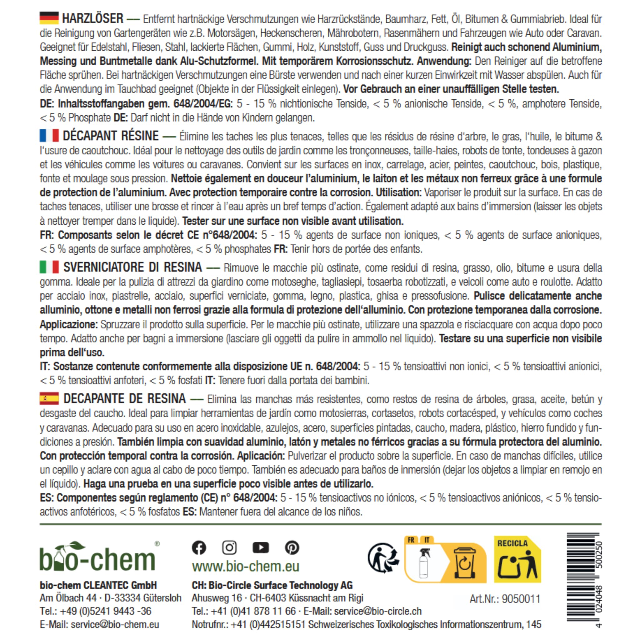 bio-chem Harzlöser Harzentferner 20L Kanister | Für Gartengeräte und Werkzeuge aller Art | schnellwirkender Harzentferner