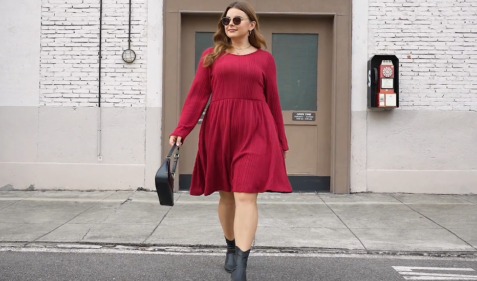 Nemidor Womens Plus Size Scooped Neck Long Sleeve Ribbed Midi