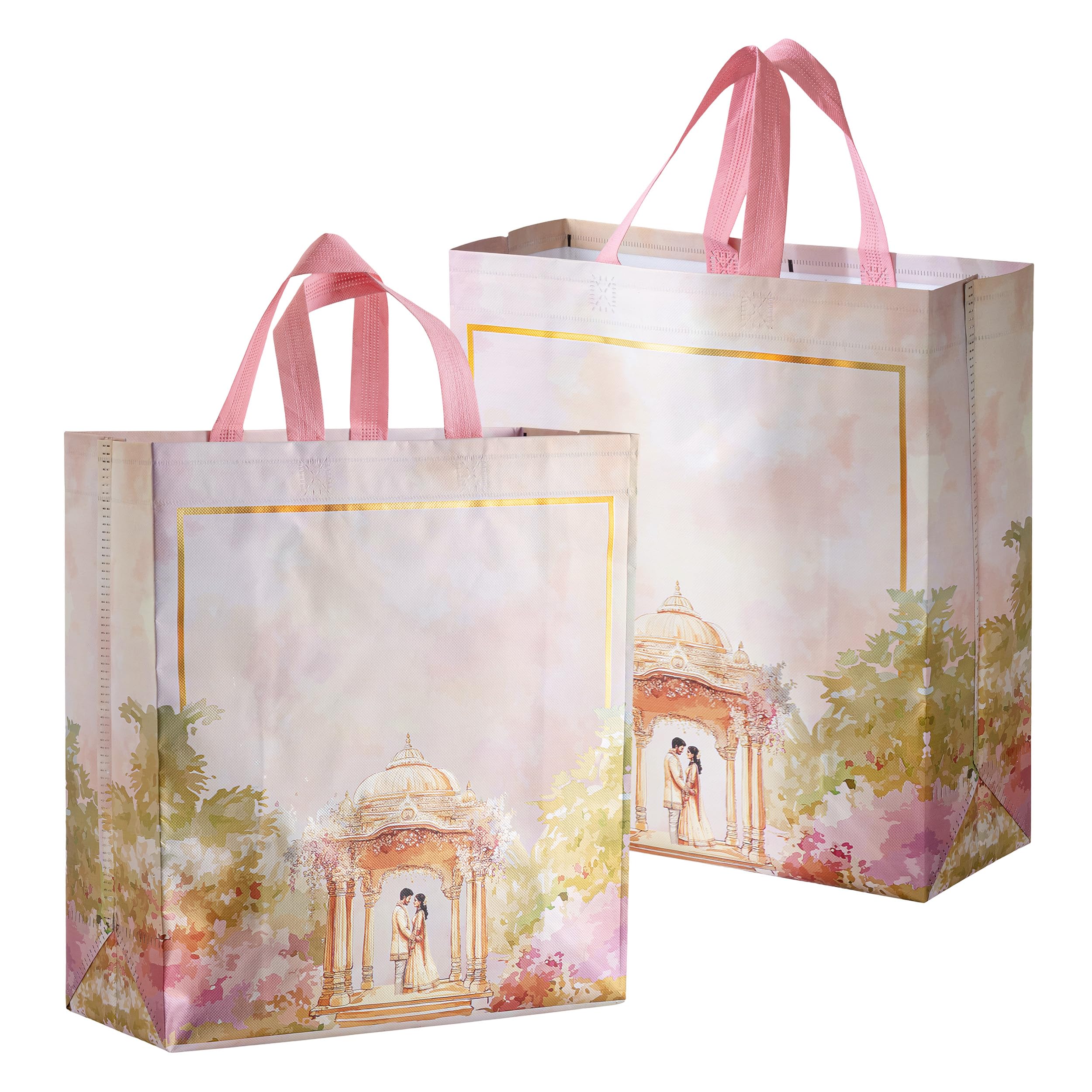 Lavya Large Size Pack of 50 Pcs Wedding Return Gift Bags | Reusable Non-Woven Matt Finish Metallic Laminated | Jewellery, Sweets, Festival Party, Saree, Carry Bag (Golden Mandap, L-13x14x5)