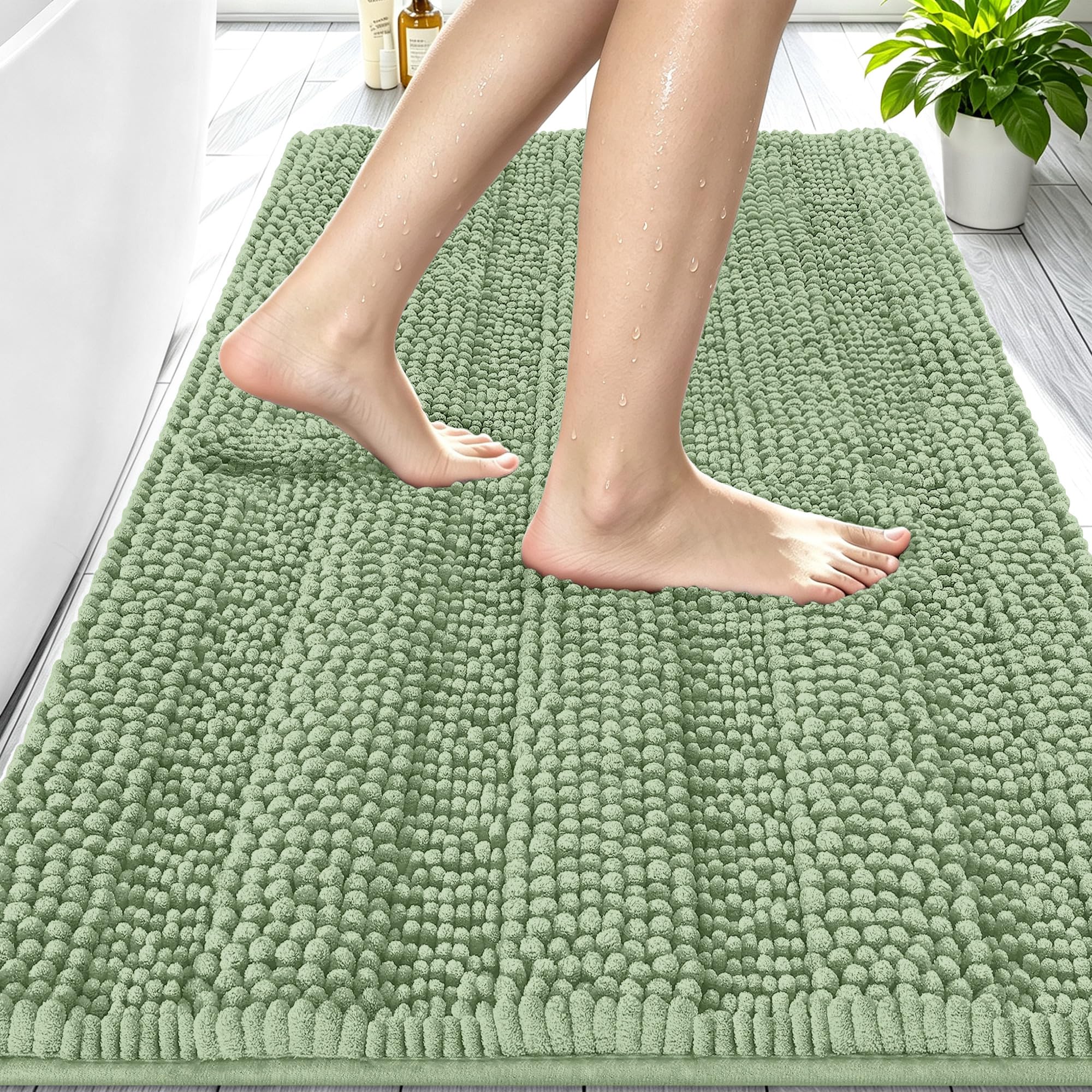 Smiry Thick Small Chenille Bathroom Rugs 24x16, Soft Bath Mat, Sage Green