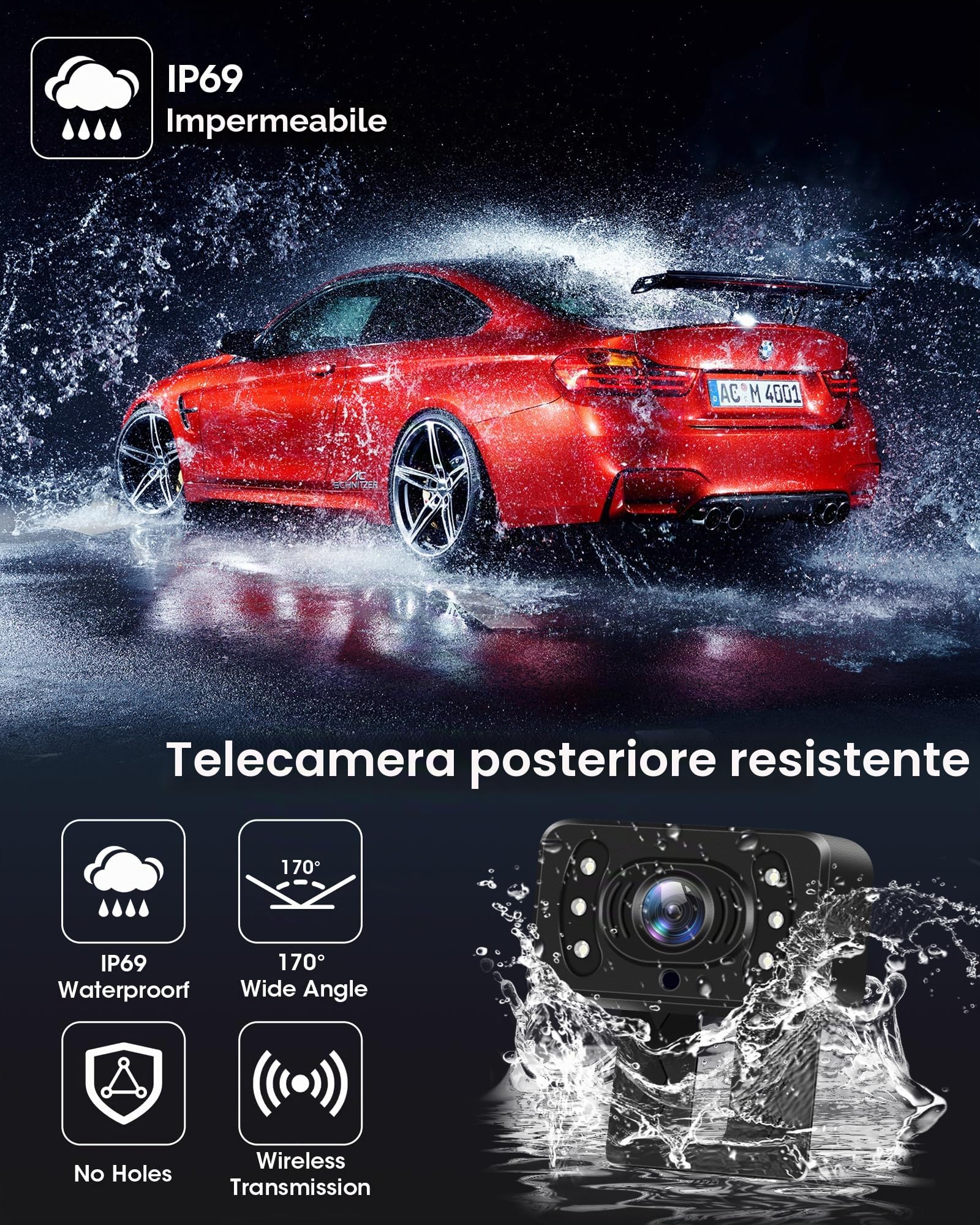 【Segnale Stabile】Telecamera Retromarcia Wireless AHD 1080P Telecamera Posteriore Auto e Monitor da 5" Impermeabile IP69 Visione Notturna 6 LED di Luce Telecamera Parcheggio Auto per Roulotte Autocarri