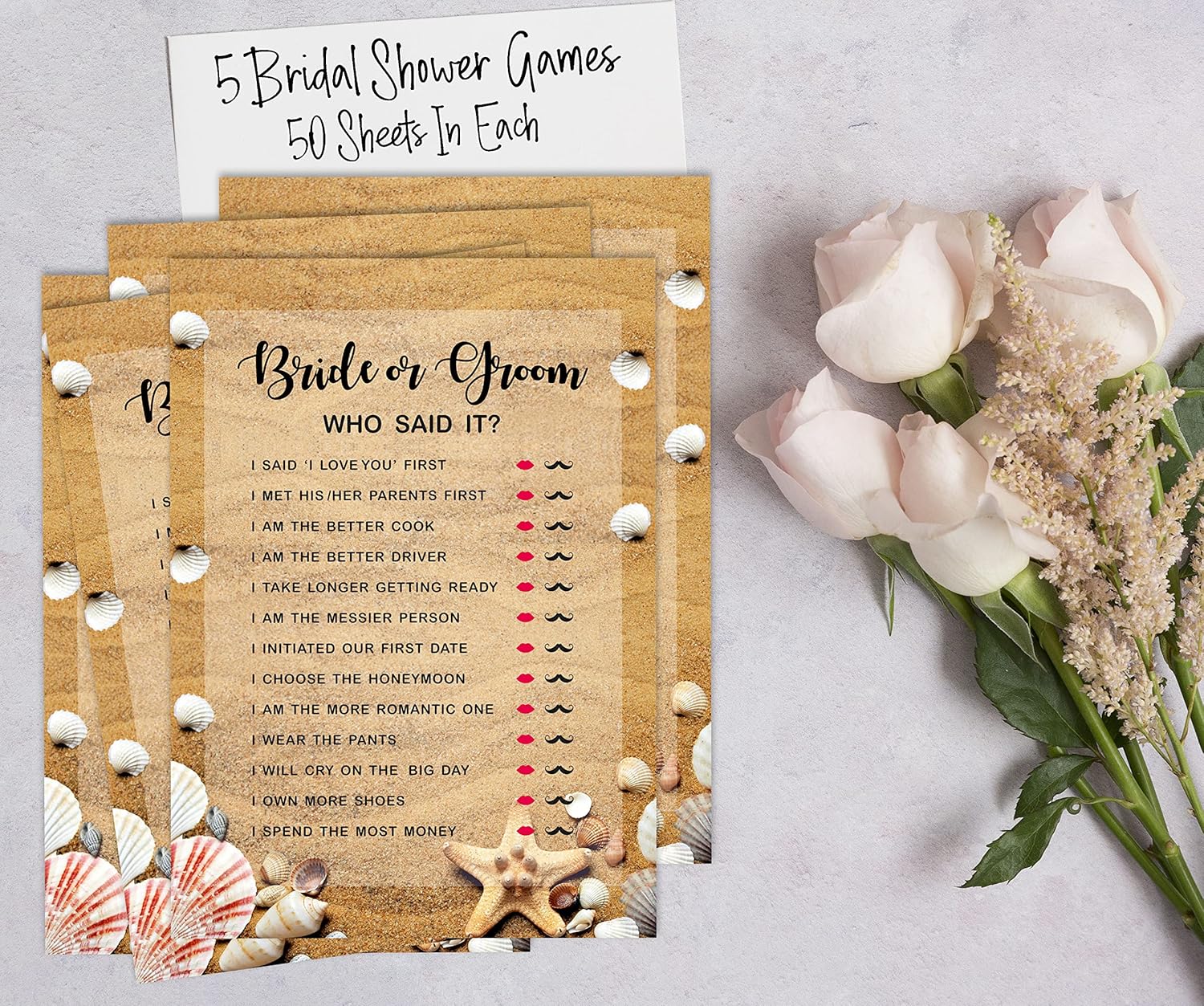 Bridal Shower Games Set of 5 (Activities for 50 Guests) Beach Theme Fun Bachelorette Party Games Set Bundle