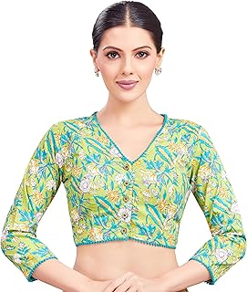 Studio Shringaar Women's Block Printed Cotton V Neck Saree 3/4 Sleeve Blouse Price In India