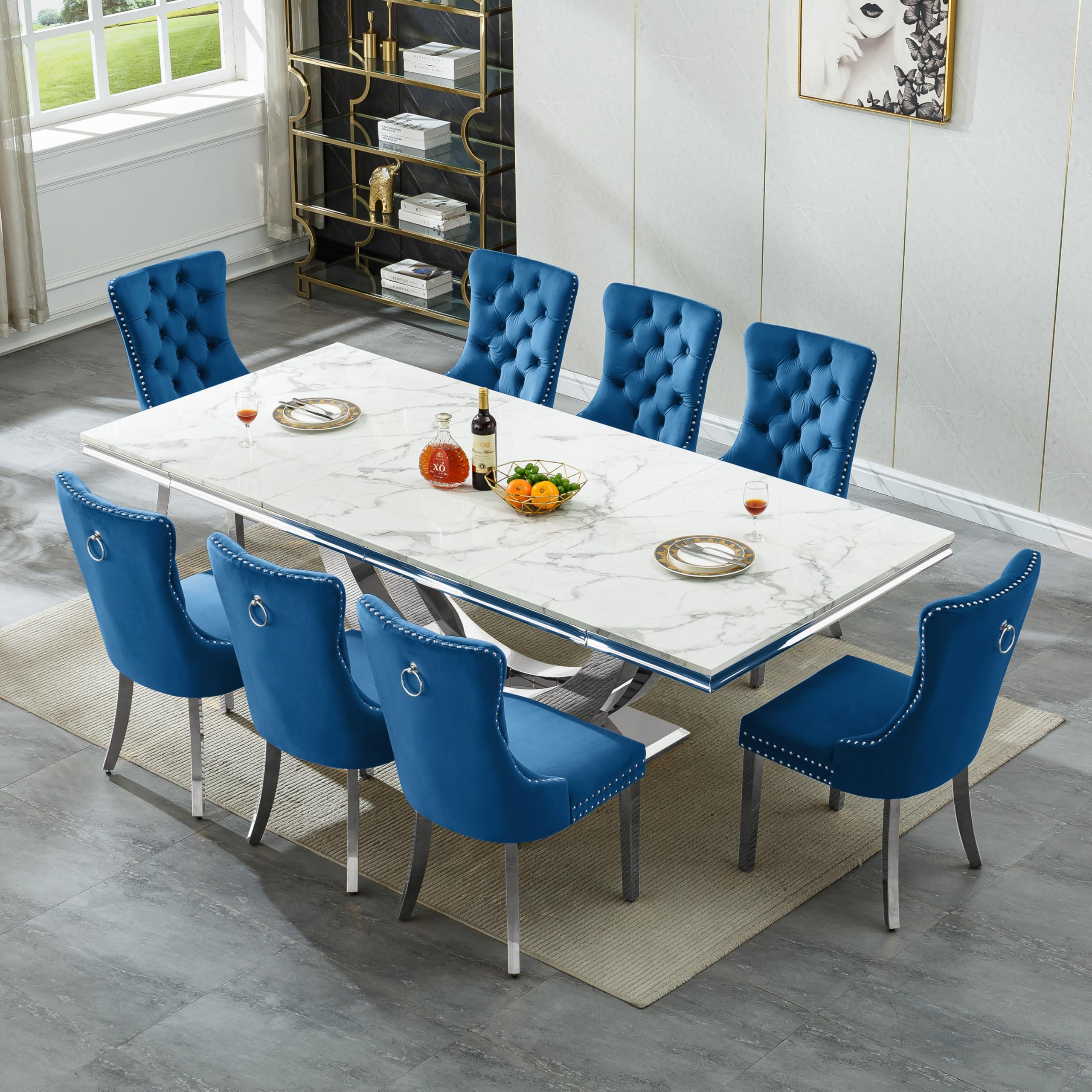 94.5" Large Marble Dining Table Set for 8, Luxury White Silver Kitchen Table with 8 Blue Velvet Dining Chairs, Modern Fuax Marble 9-Piece Dining Room Table Set for 8 w/Stainless Steel U-Base