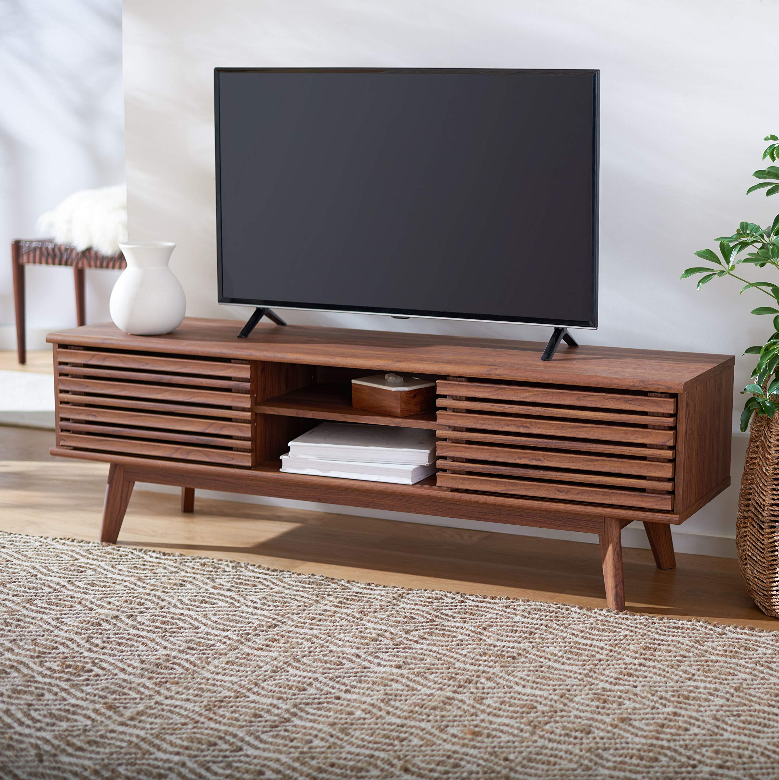 SAFAVIEHESMA TV Stand for up to 65" Flatscreen – Walnut Brown, 2 Sliding Doors with Interior Storage, 2 Open Shelves, Entertainment Media Console (MED9601A)
