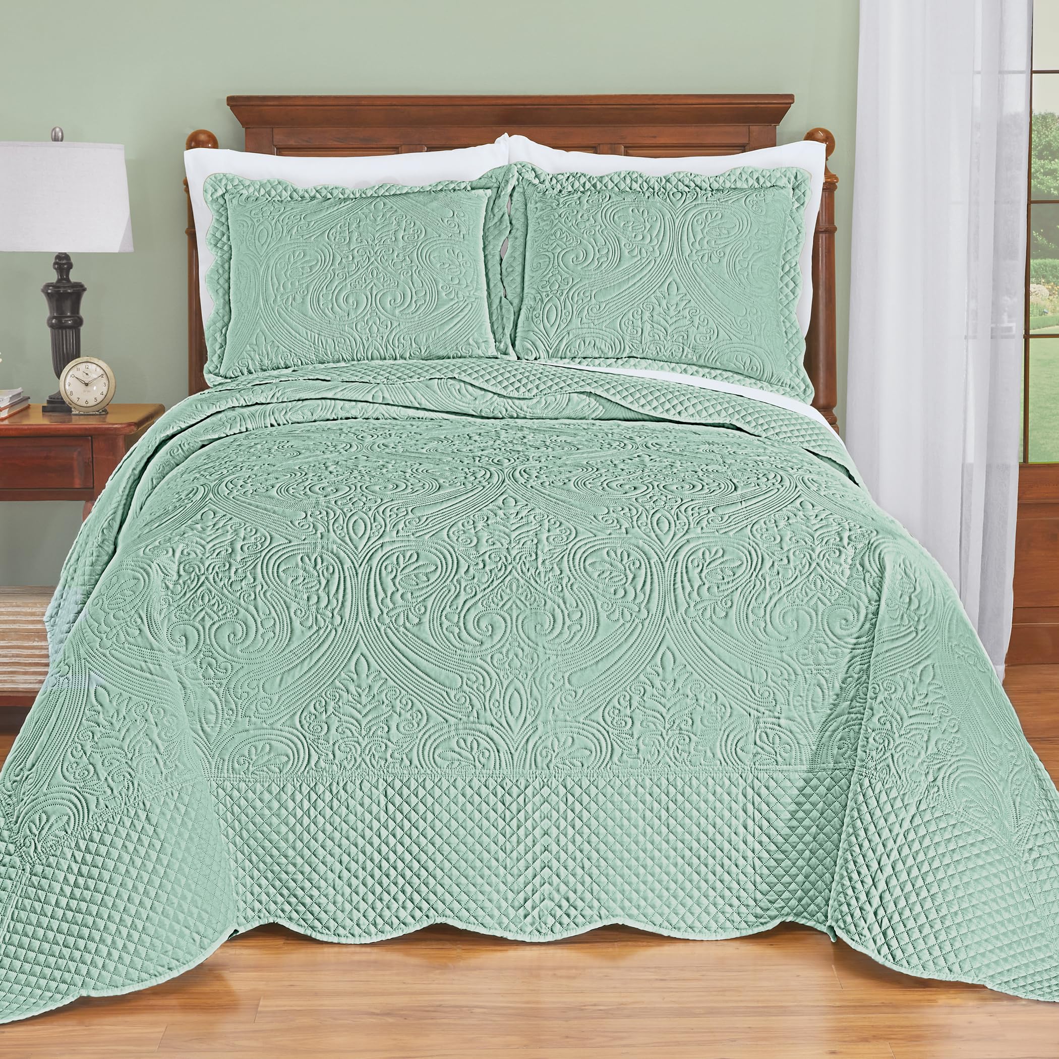 Collections Etc Luxe Textured Diamond Design Scalloped Edge Oversize Bedspread Seaglass King